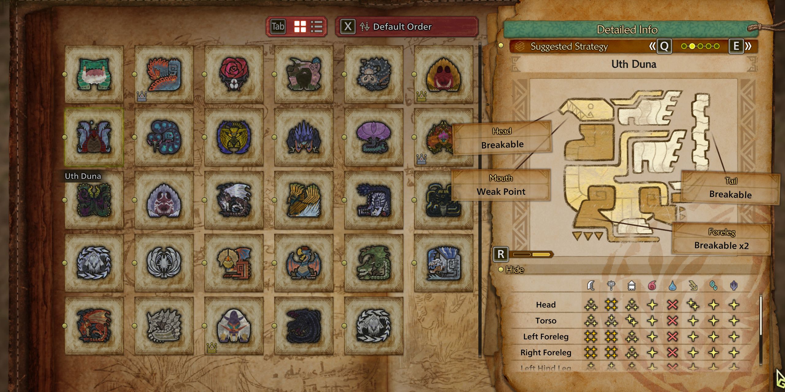 Player Guide menu showing the weaknesses of Uth Duna in Monster Hunter Wilds.