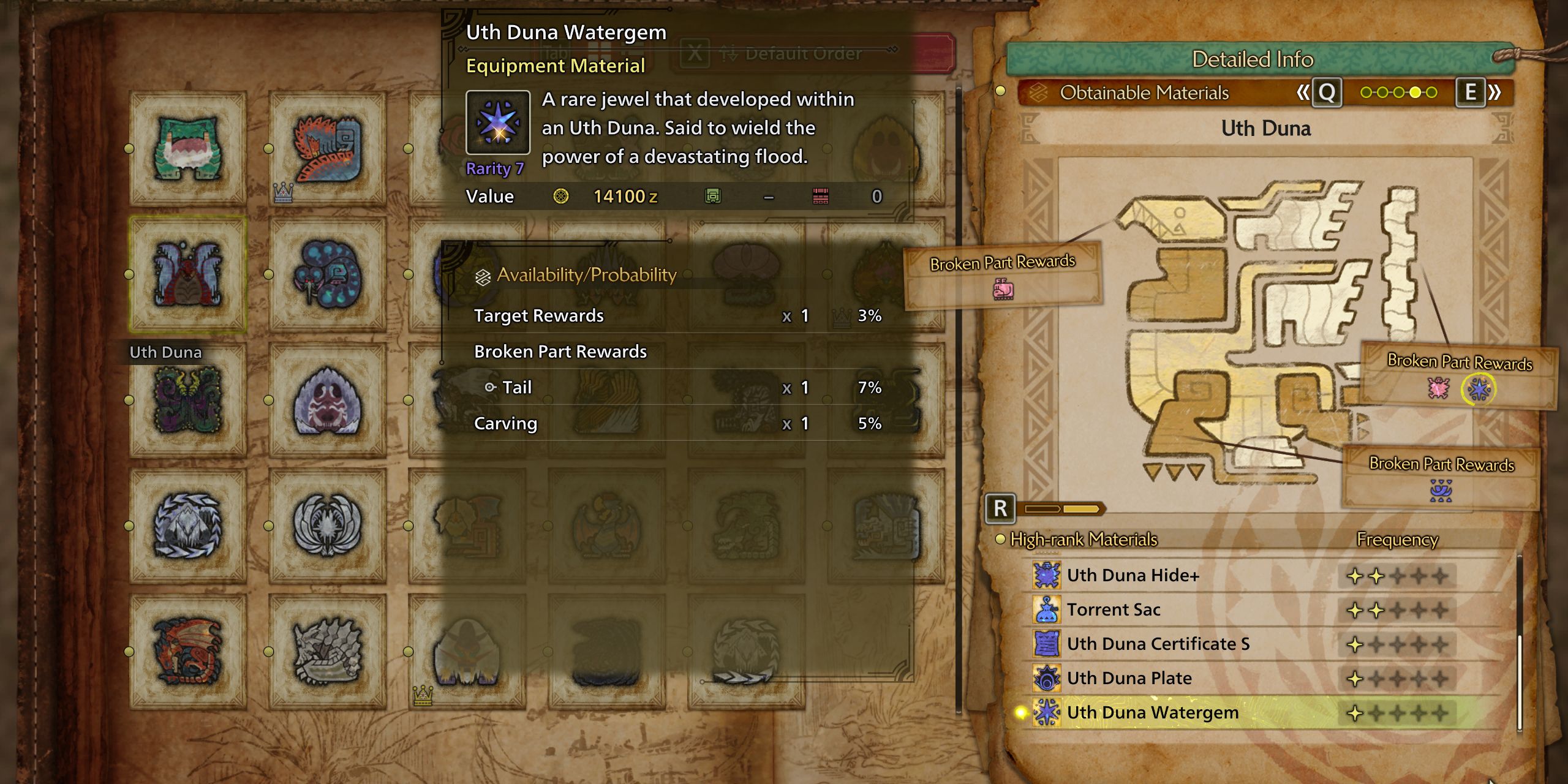 The Play Guide showing Uth Duna's material drops in Monster Hunter Wilds.