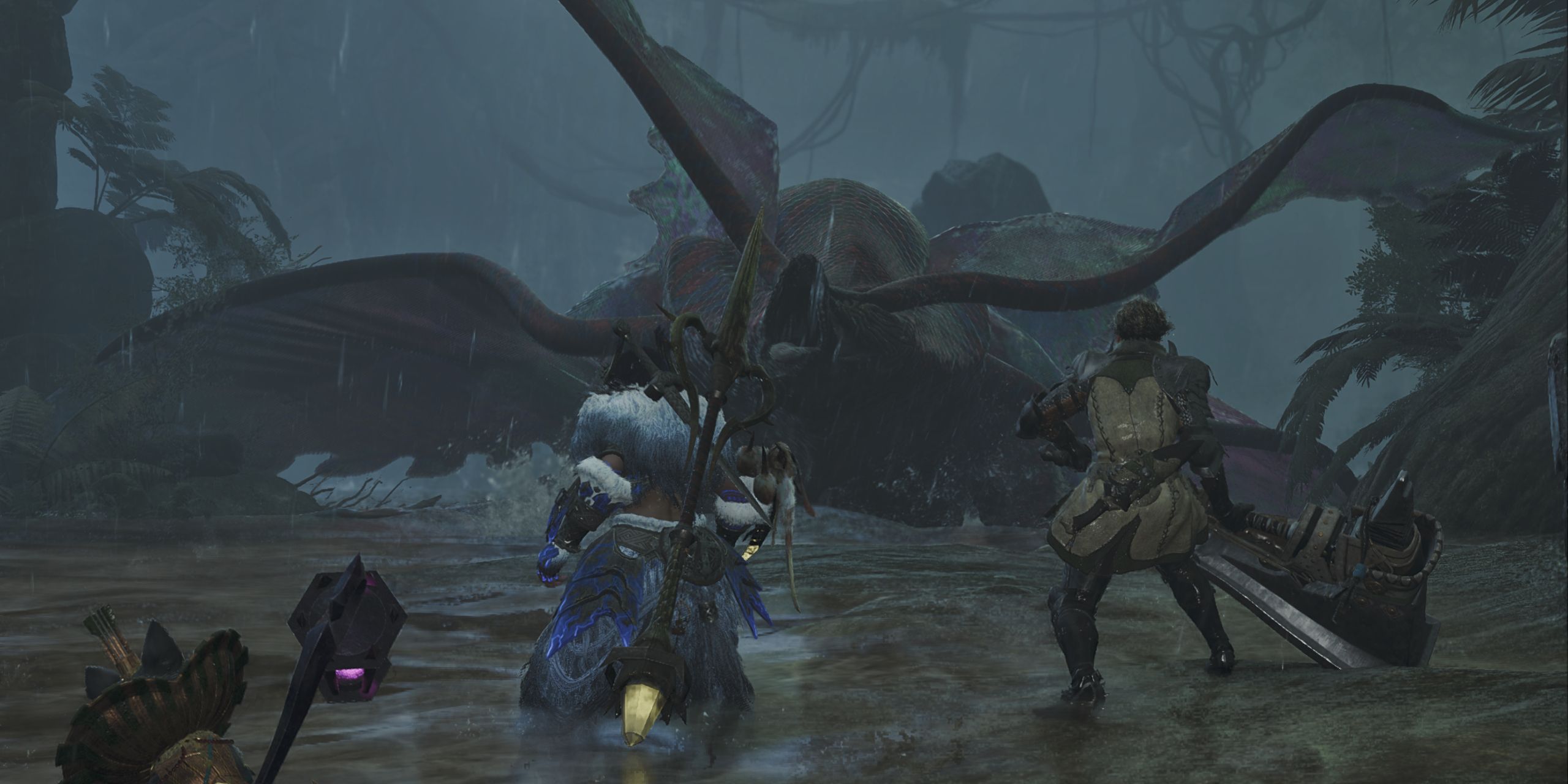 Two hunters facing Uth Duna in Monster Hunter Wilds.