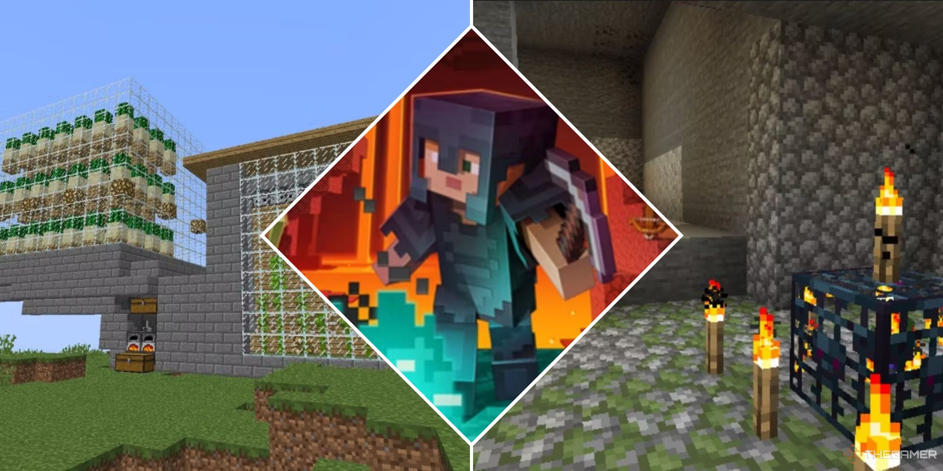 Minecraft collage image showing bamboo farm, spawner farm, and a minecraft character mining ore