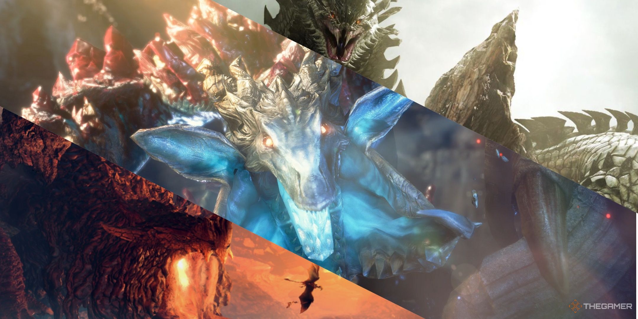 Zorah Magdaros roaring in monste rhunter world, gaismargorm in monster hunter rise sunbreak, and dalamadur in mosnter hunter, left to right.