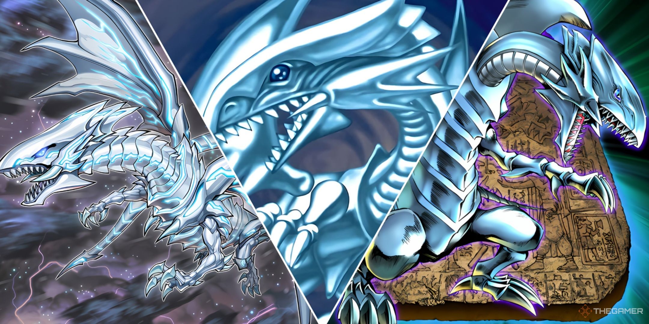 Collage of Blue-Eyes White Dragon Cards.