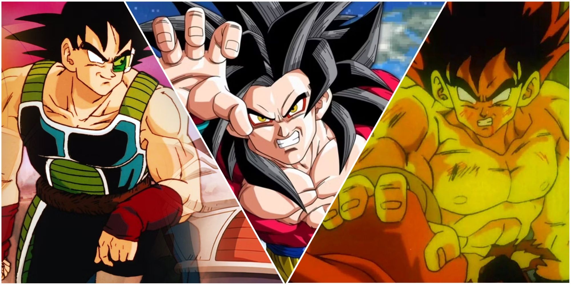 A collage image of Bardock, Super Saiyan 4 Goku, and False Super Saiyan Goku