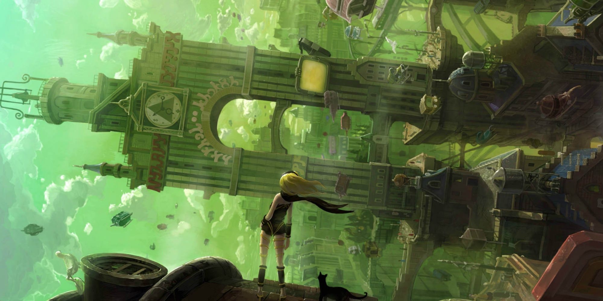 Gravity Rush title artwork of Kat facing city sideways.