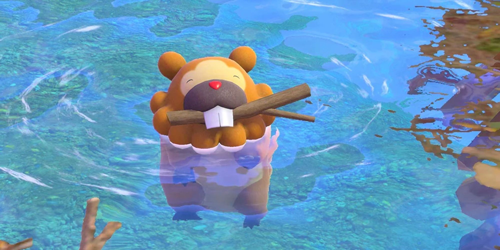 pokemon snap's bidoof in water holding a stick