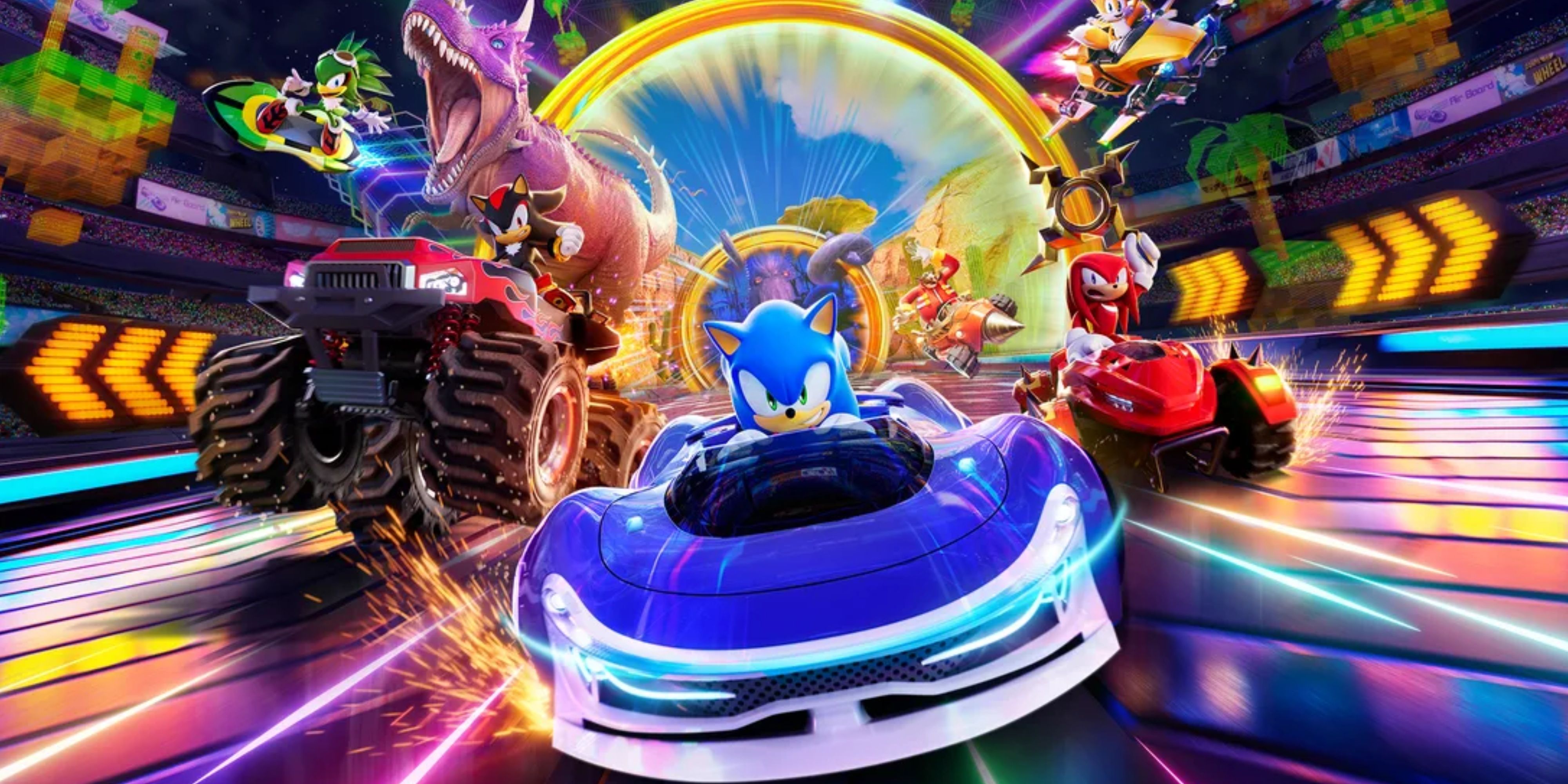 characters racing through travel rings in sonic racing: crossworlds.