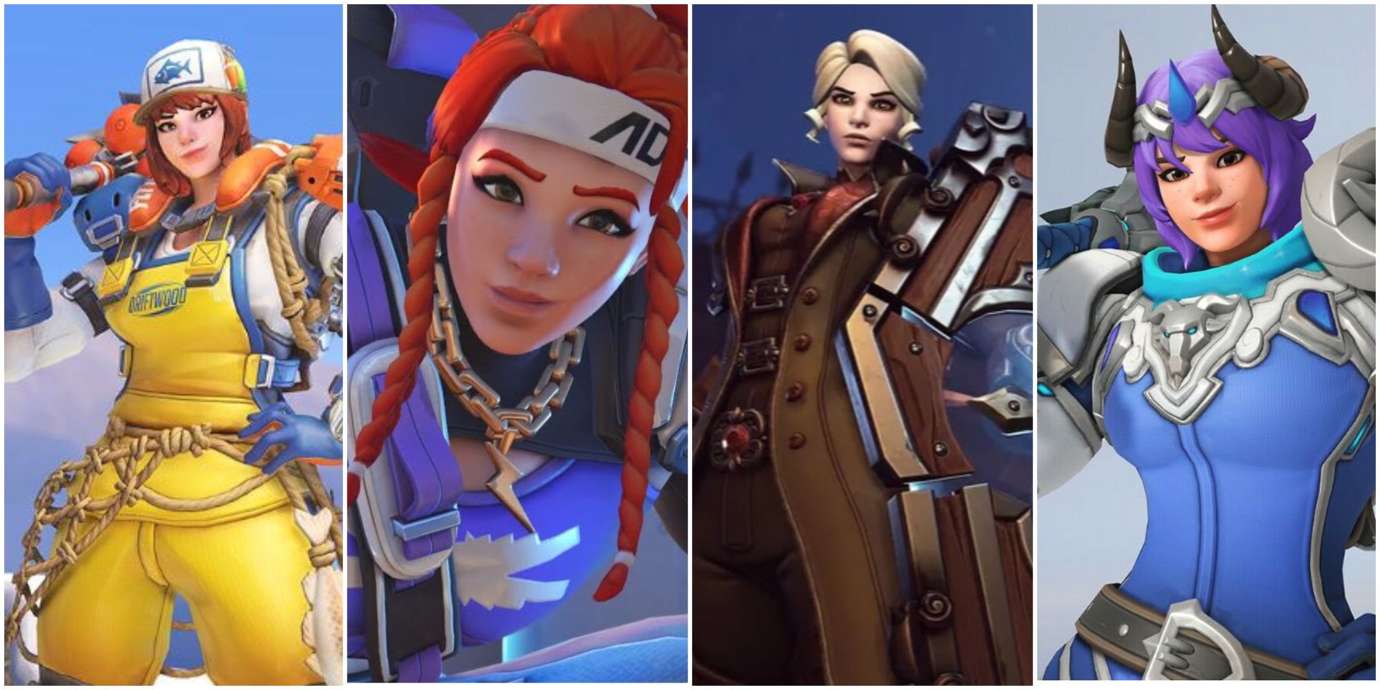 A collage of Brigitte from Overwatch 2 wearing various skins, including Feskarn, Antifragile BB, GOAT and Vampire Hunter