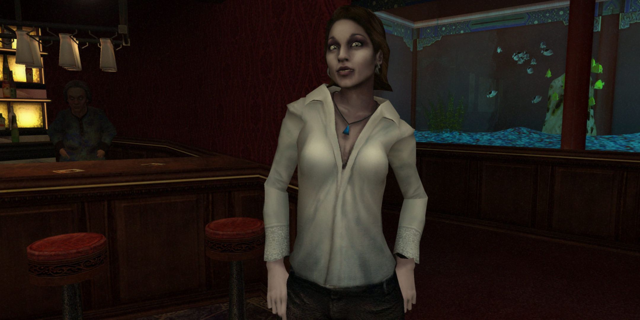 Vampire: The Masquerade Bloodlines, a character standing in a bar with an aquarium in the background.