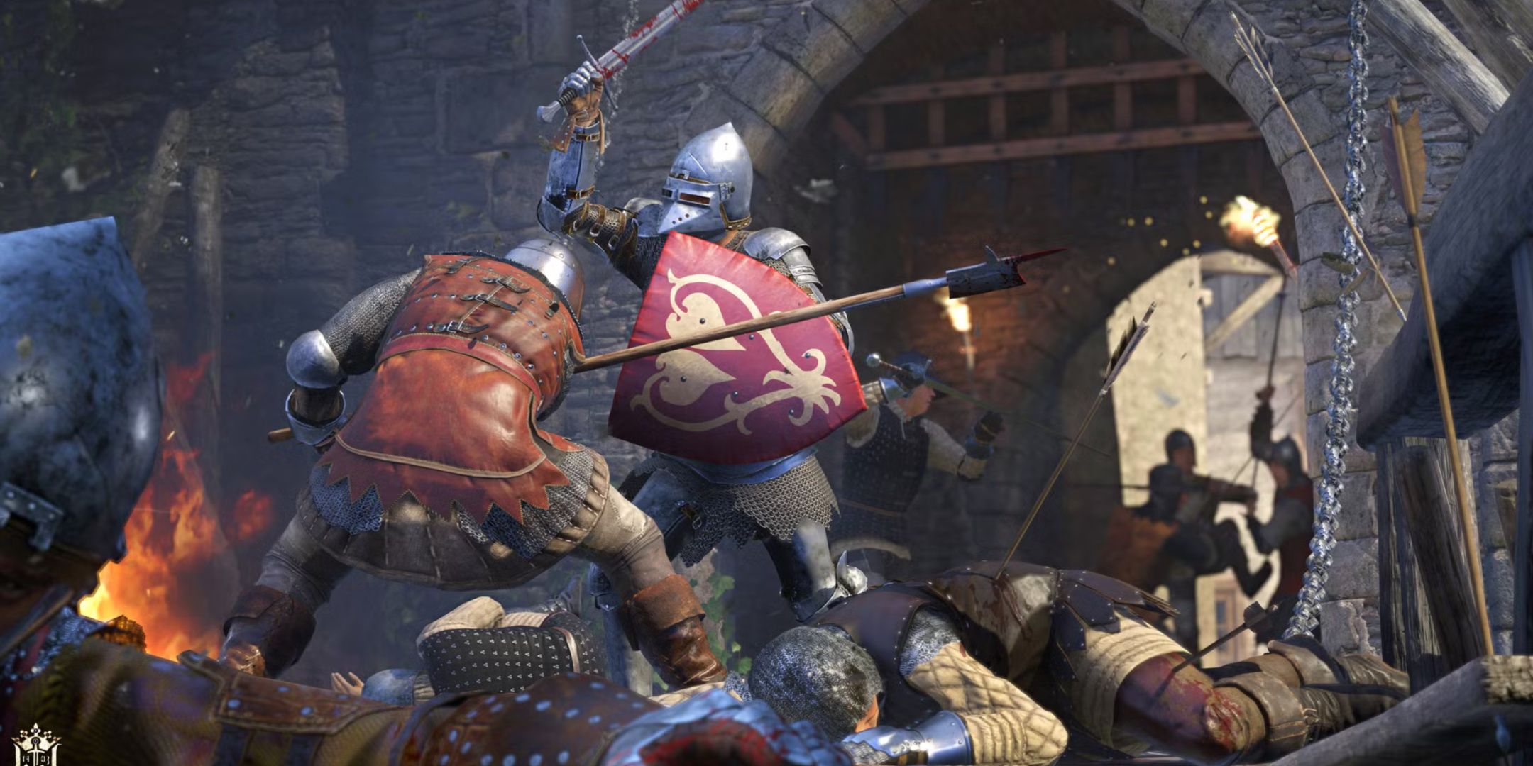 Kingdom Come: Deliverance, a battle being waged by opposing knights outside of a gate.