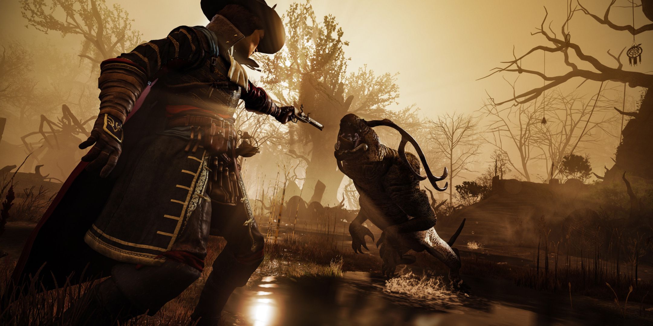 Greedfall, the player character aiming a gun at a monster in the middle of a fight.