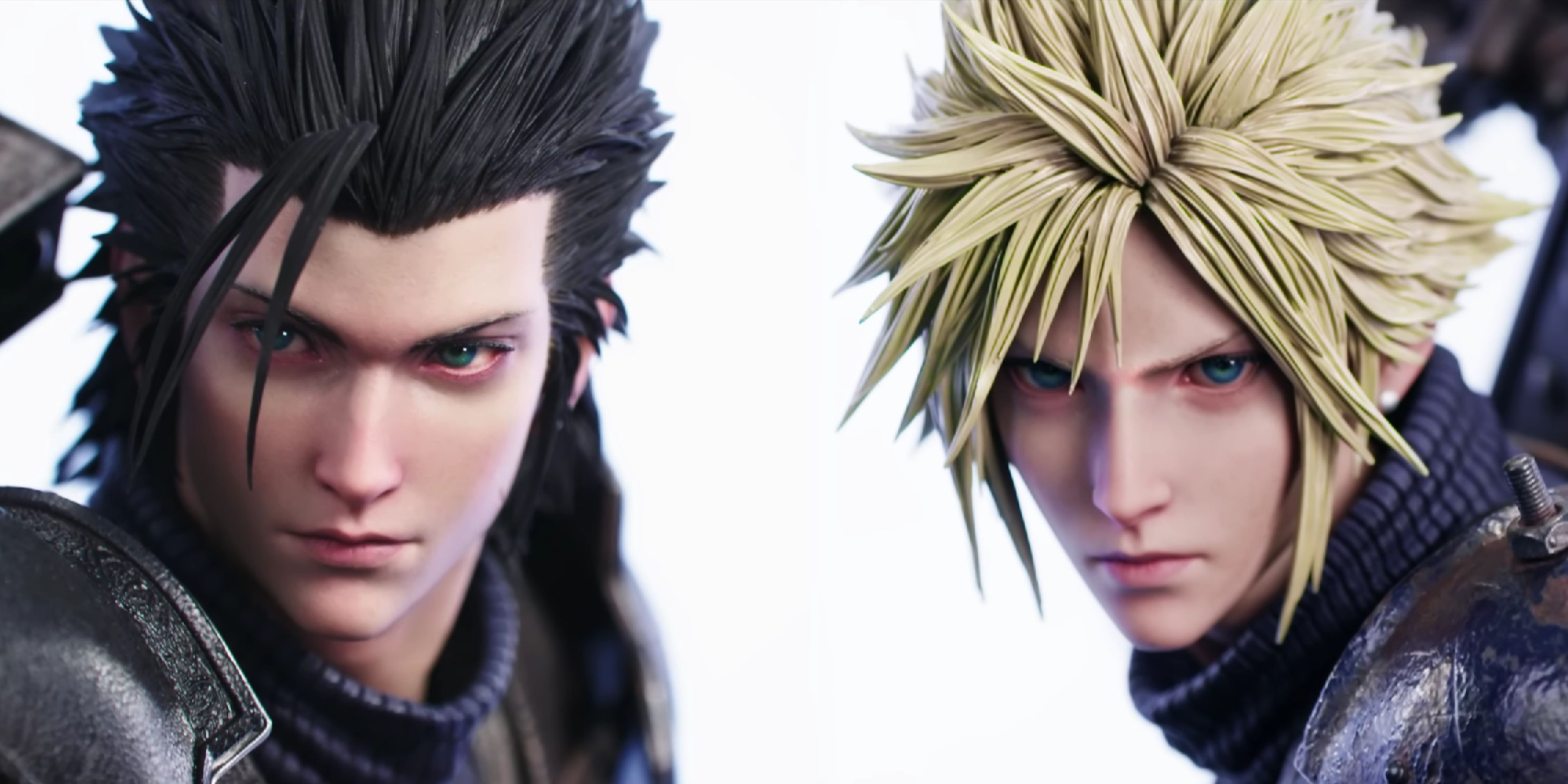 close ups of zack and cloud's masterline statues.