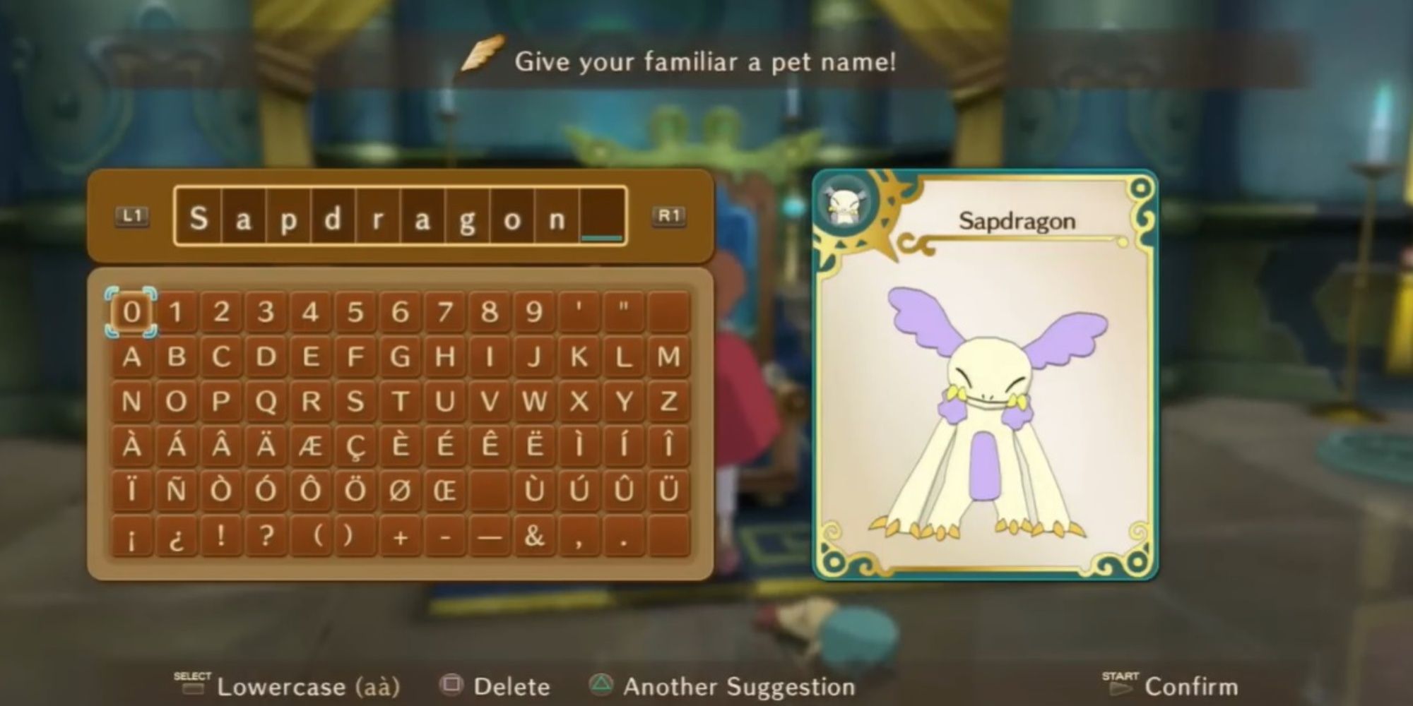 The player renaming their Sapdragon in Ni No Kuni.