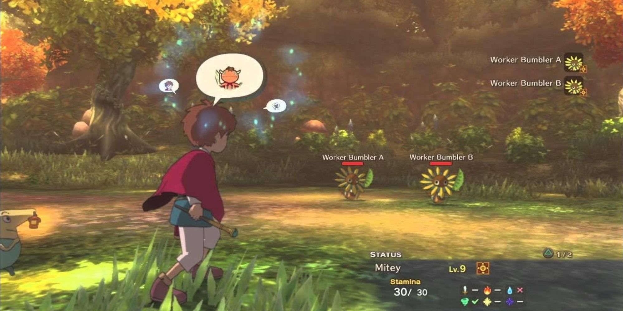 Oliver faces off against two Worker Bumblers in Ni No Kuni.