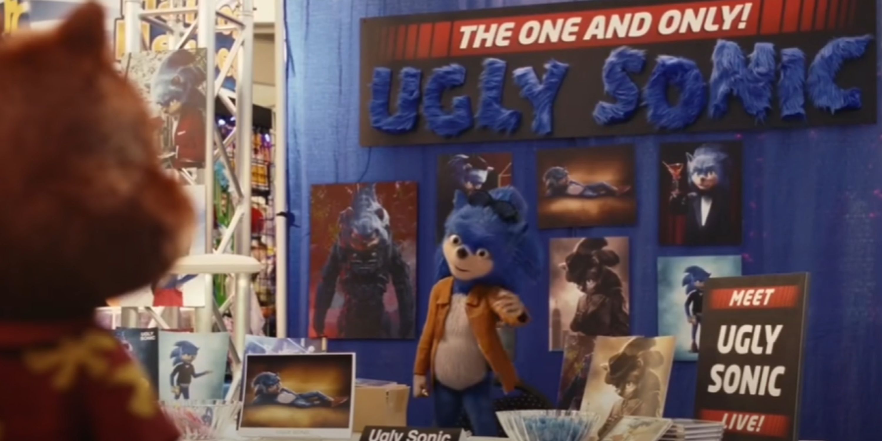 Ugly Sonic talks to Dale from his meet-and-greet stand.