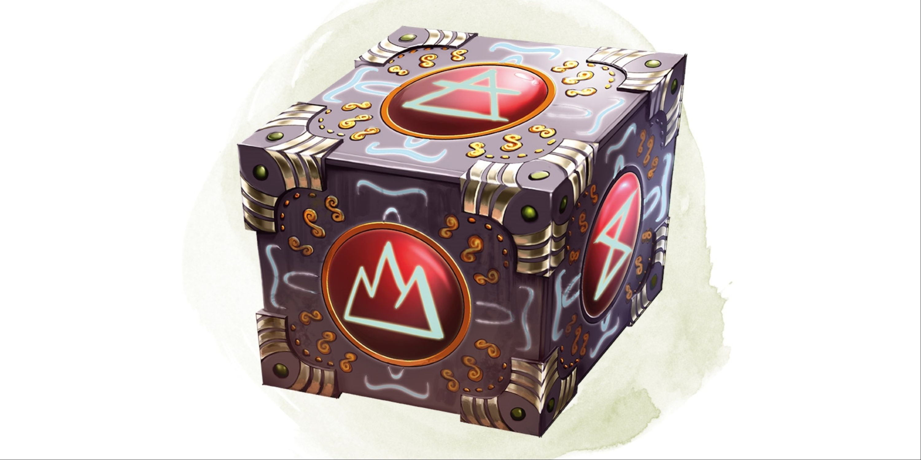 Dungeons & Dragons art of six sided cube decorated with magical symbols.