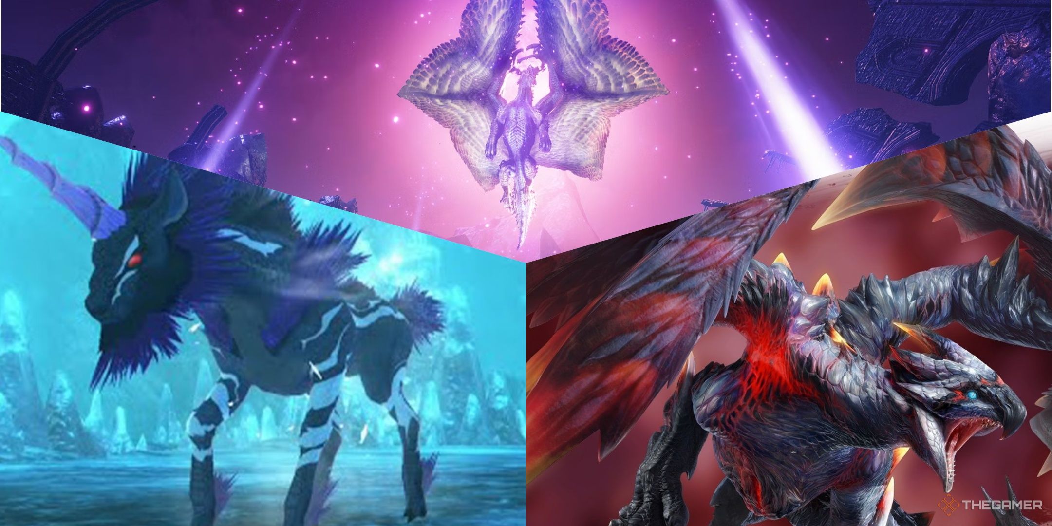 A split image featuring Kirin, Valstrax, and Shagaru Magala from Monster Hunter.