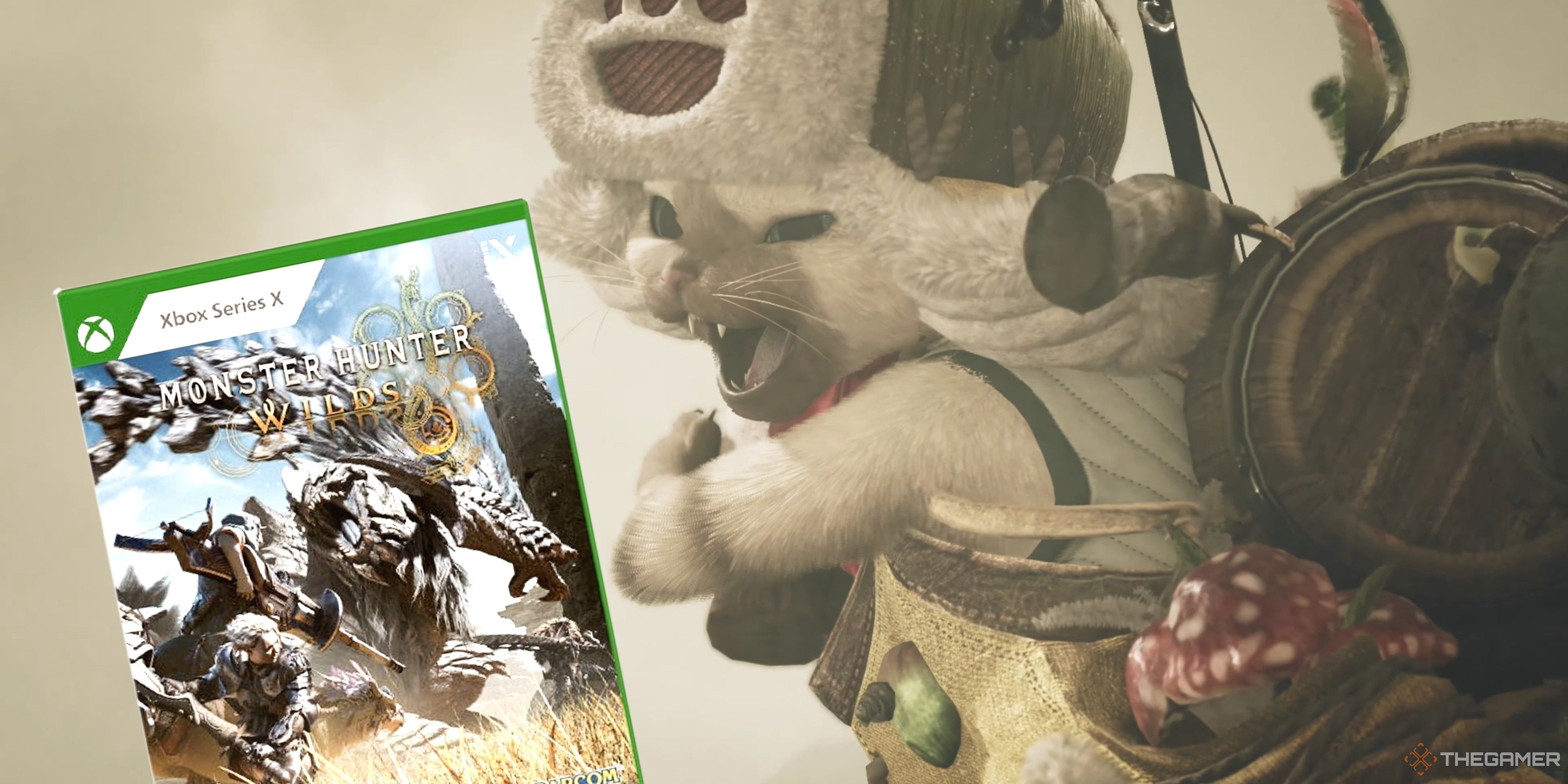 monster hunter wilds on xbox series x next to a palico