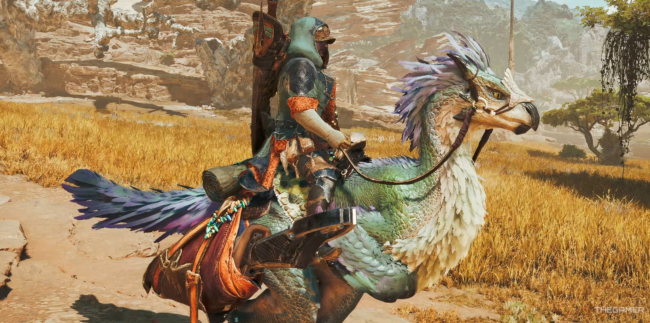 A hunter riding a seikret in Monster Hunter Wilds.