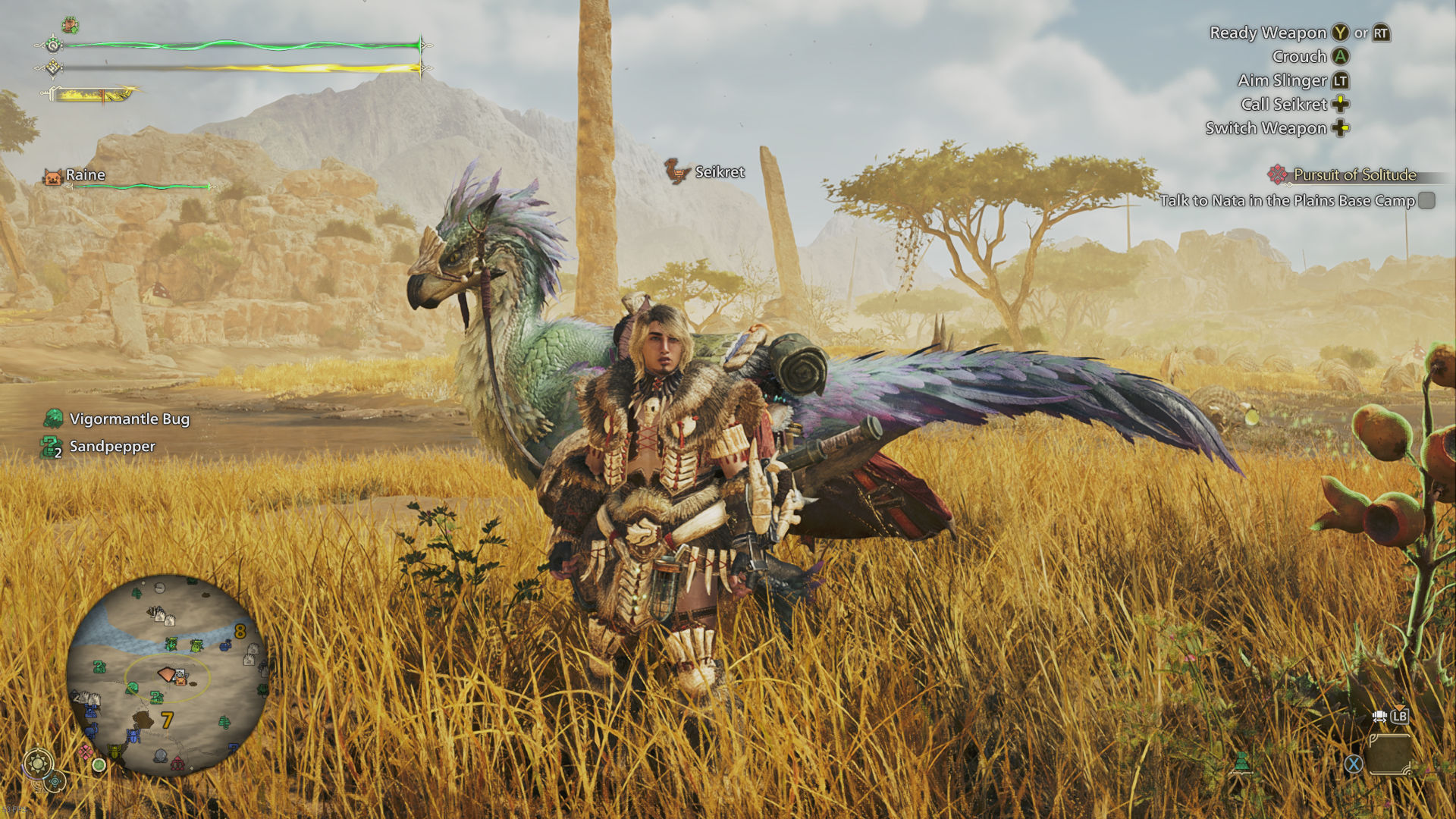 A Monster Hunter Wilds character stands in front of a raptor-like mount in a plains area