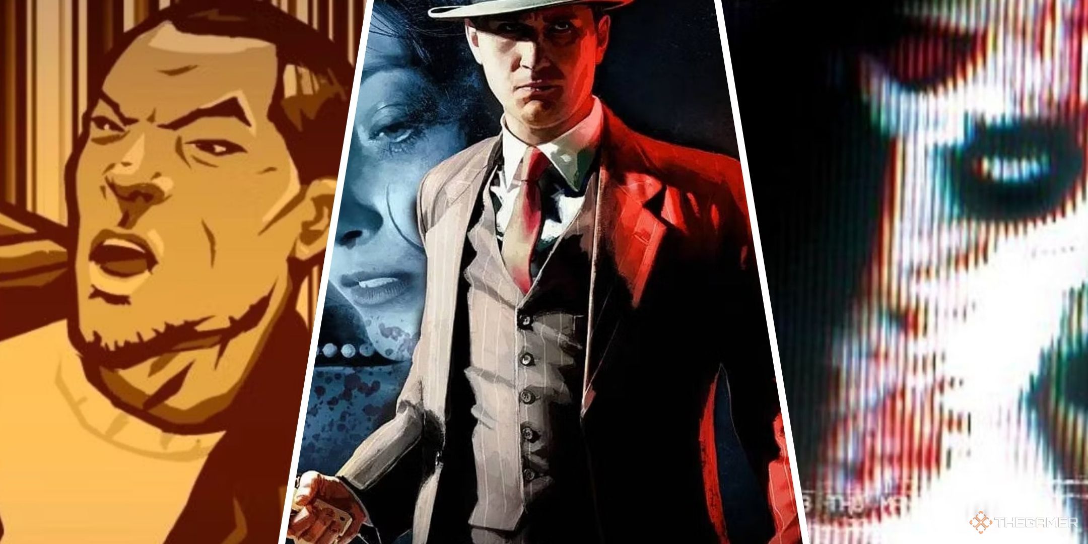 Three-image collage of GTA: China Town Wars protagonist Huang Lee on the cover art, Cole Phelps on the cover art of LA Noire, and the creepy found footage cover art for Manhunt.