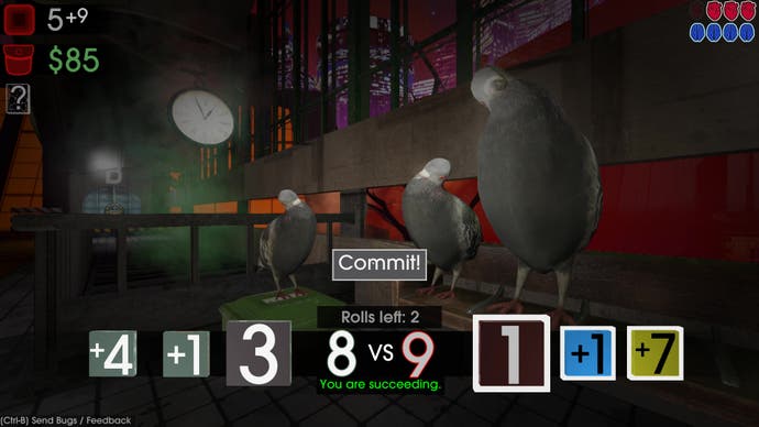 Three large pigeons loom over the player as they decide whether to commit to a dice roll in Moves of the Diamond Hand.