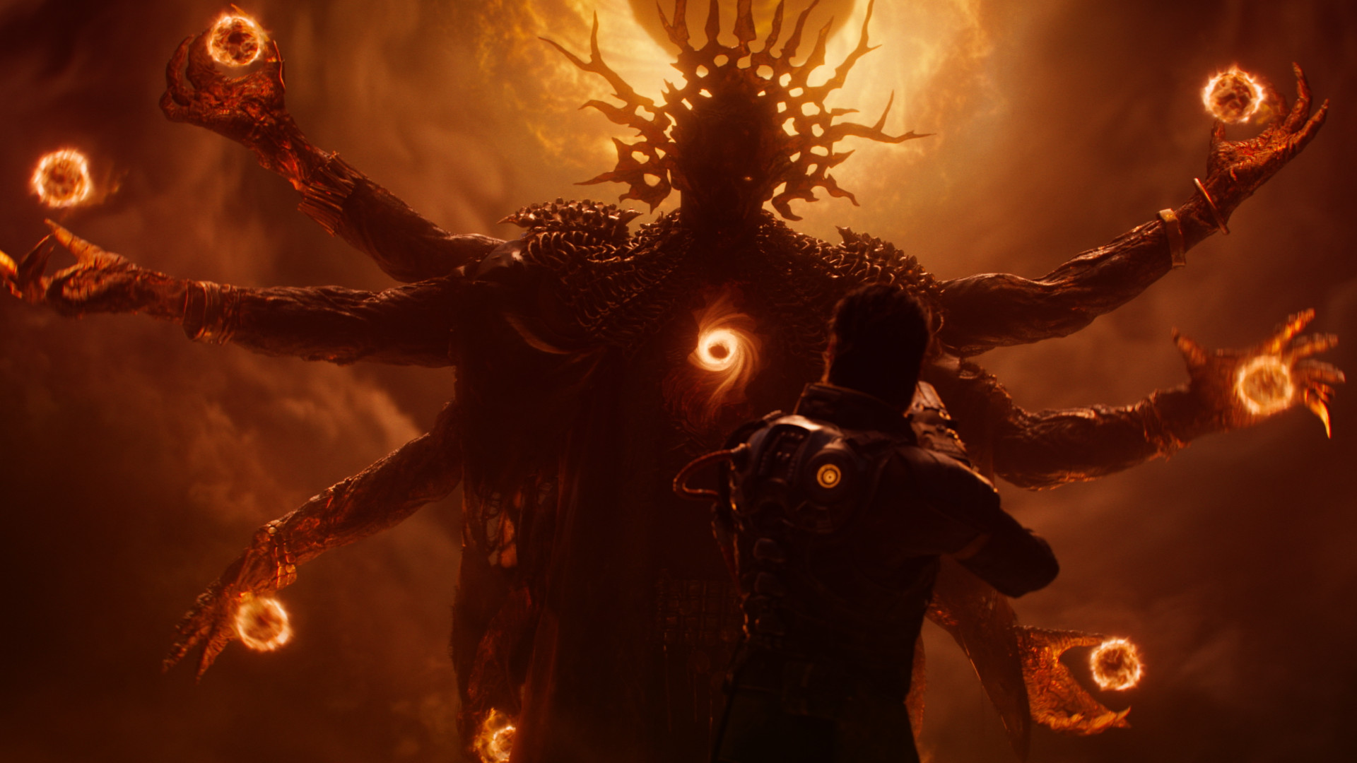 Arjun facing a large monster with fireballs on its hands during the new game Saros.