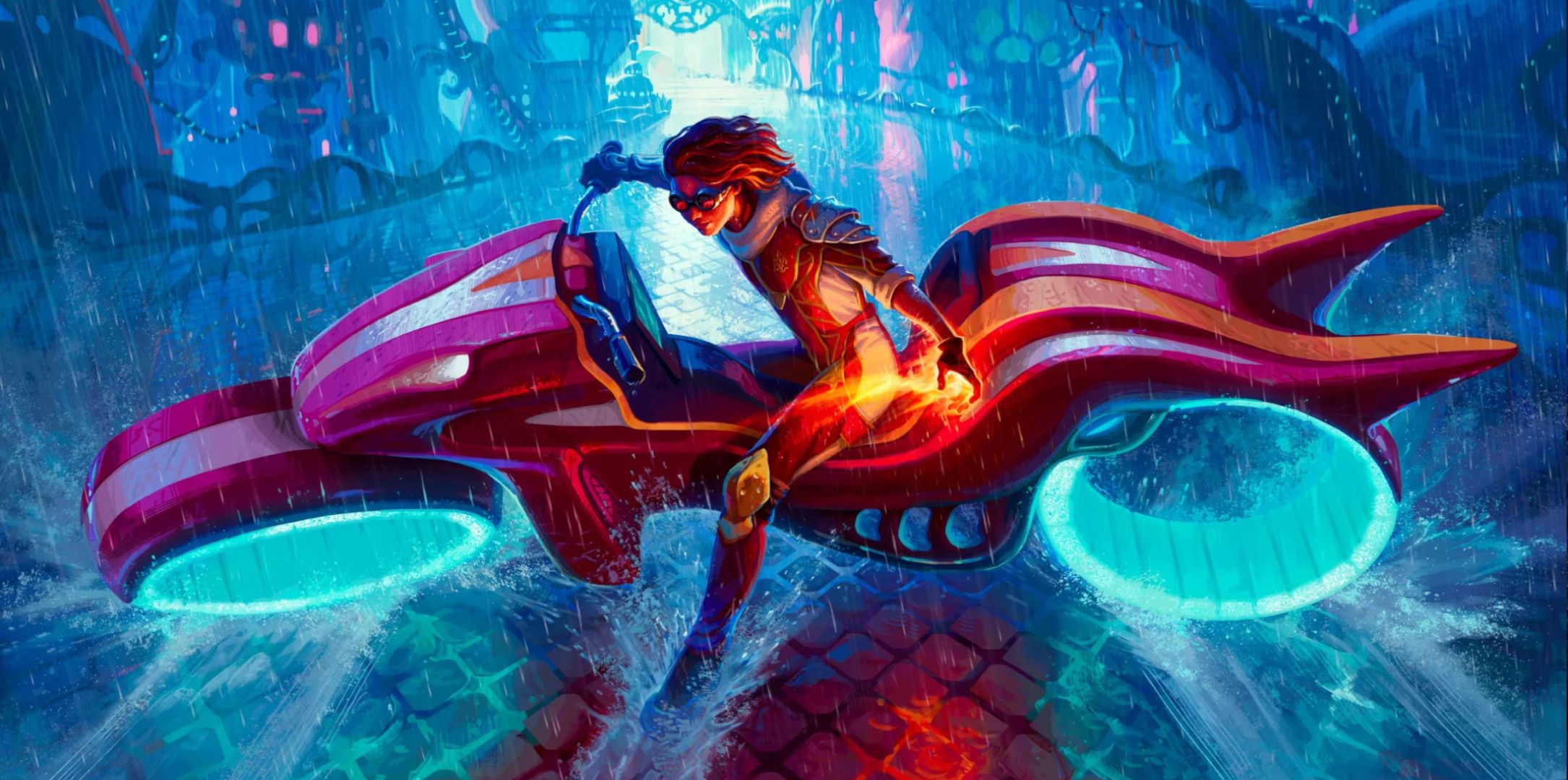 A woman on a sci-fi motorcycle from Magic: the Gathering Aetherdrift.