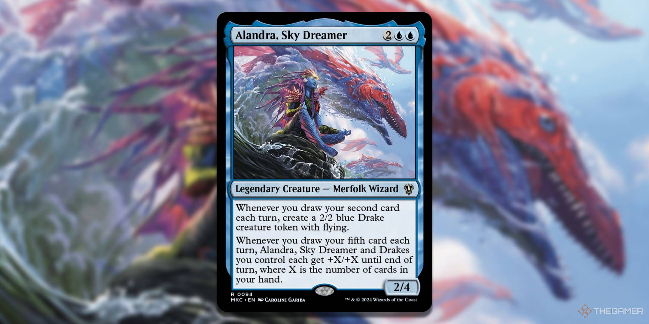 MTG Alandra, Sky Dreamer card with the art in the background.