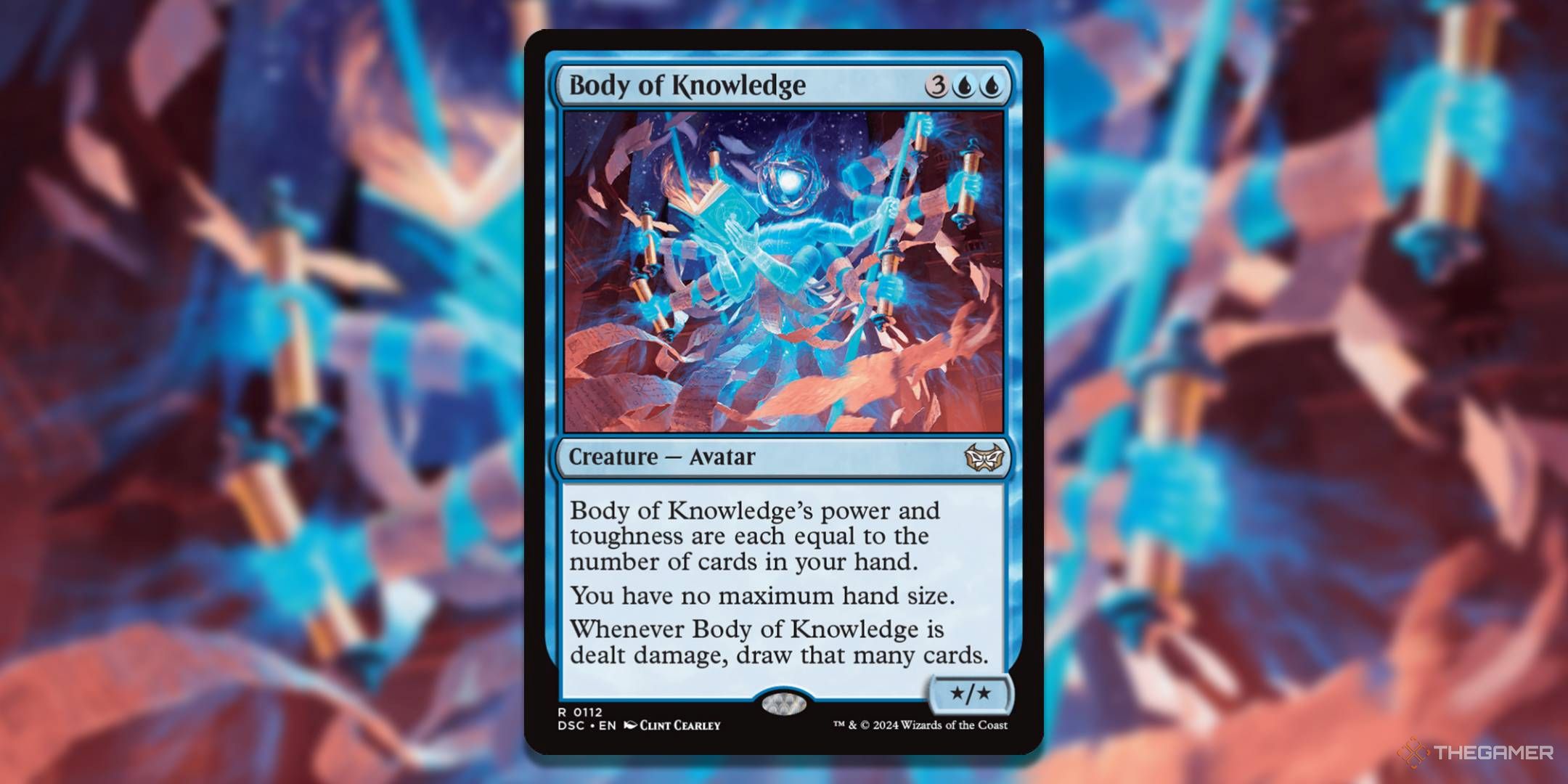 MTG Body of Knowledge card with the art in the background.