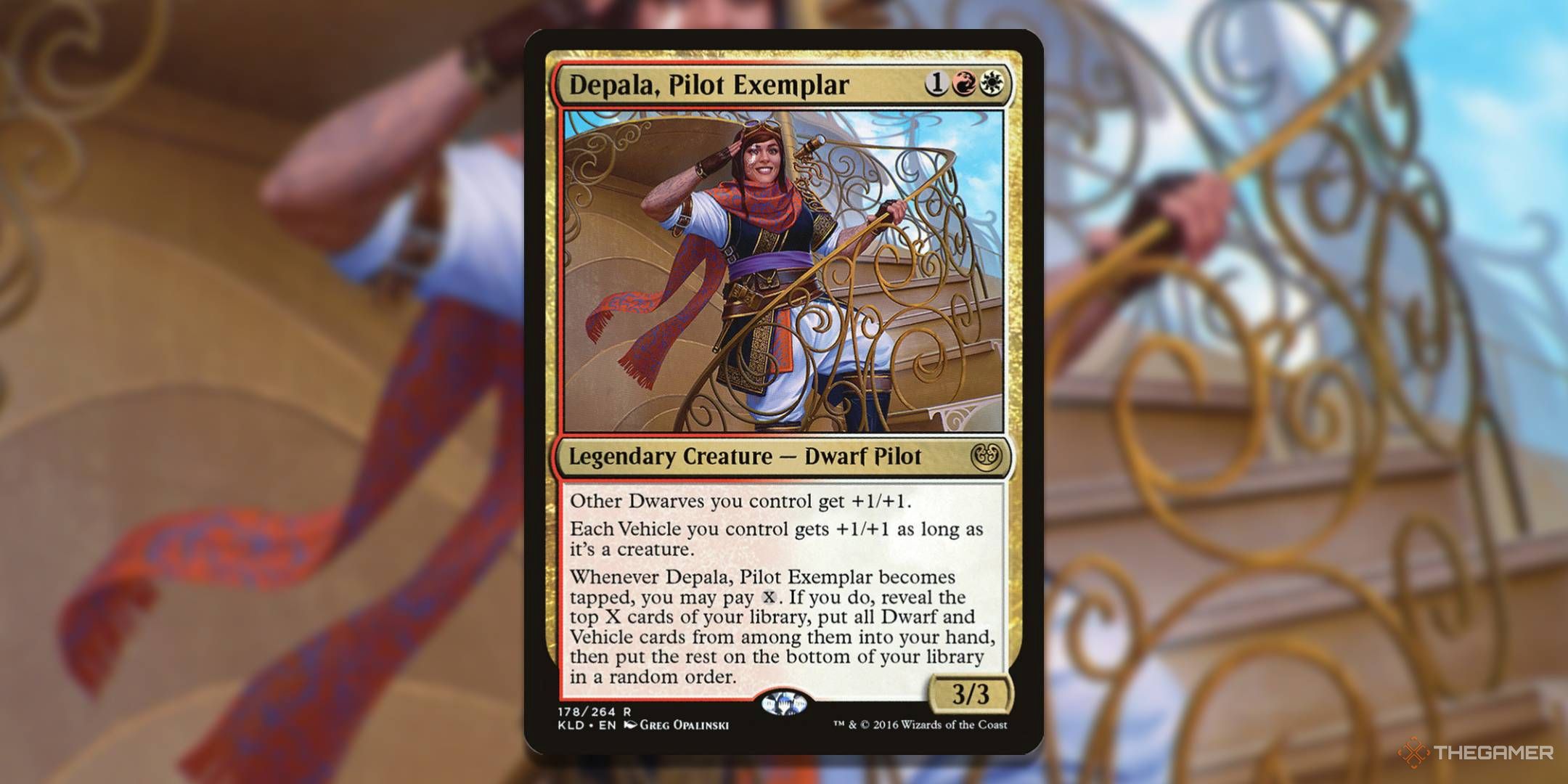 MTG Depala, Pilot Exemplar card with the art in the background.