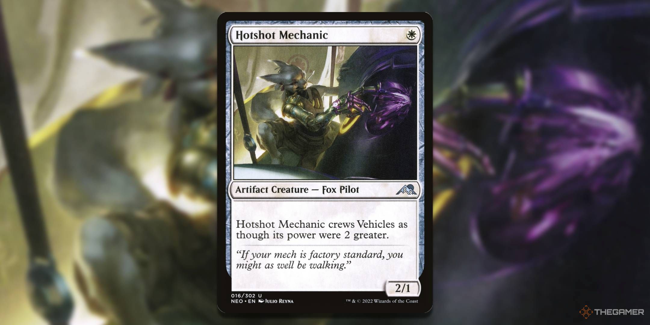 MTG Hotshot Mechanic card with the art in the background.