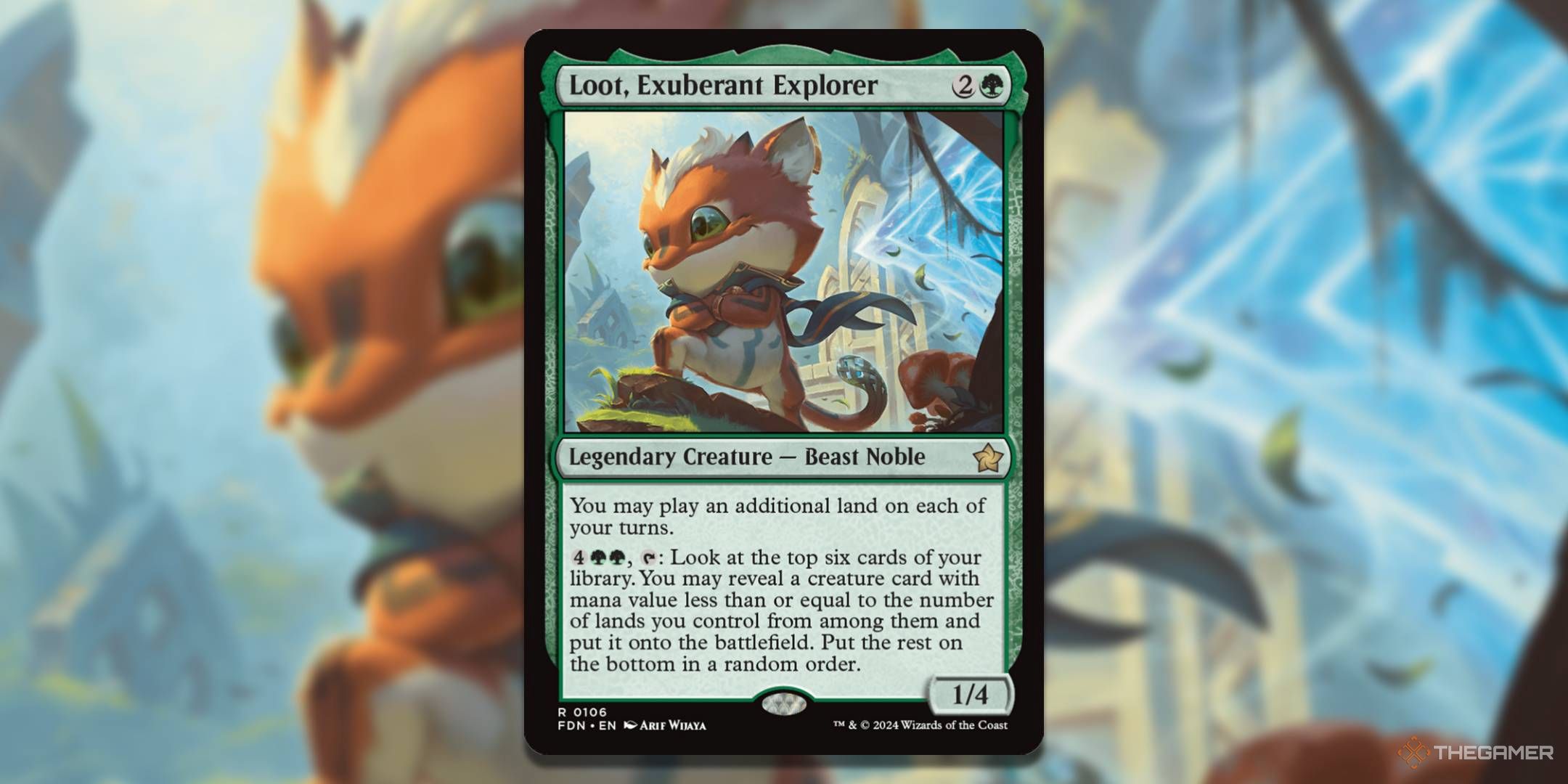 MTG Loot, Exuberant Explorer card with art in the background.