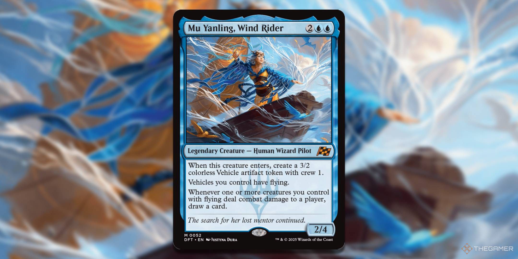 MTG Mu Yanling, Wind Rider card with the art in the background.