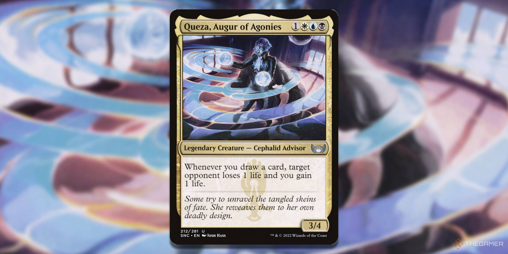 MTG Queza, Augur of Agonies card with the art in the background.