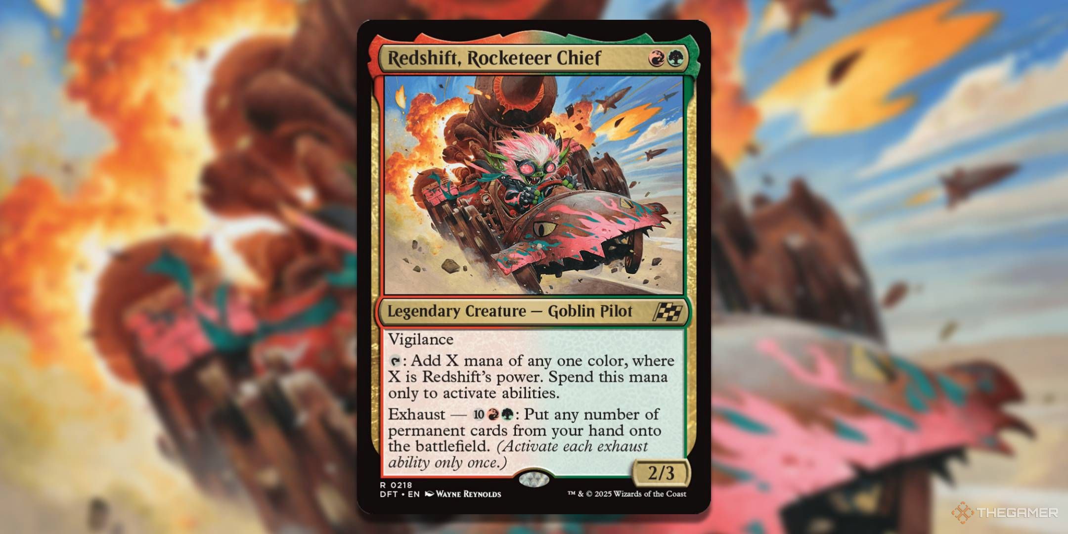 MTG Redshift, Rocketeer Chief card with the art in the background.