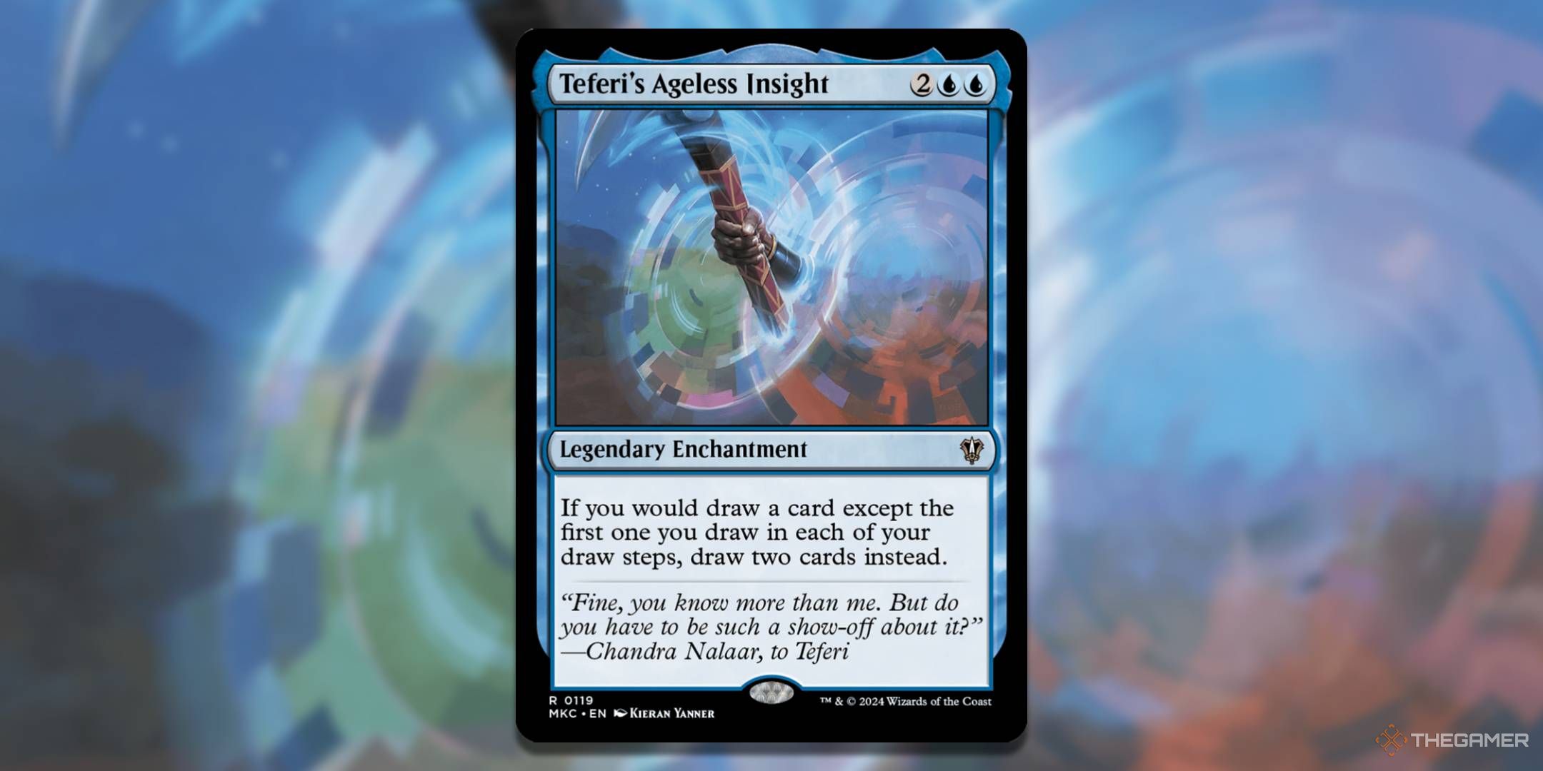 MTG Teferi's Ageless Insight card with the art in the background.