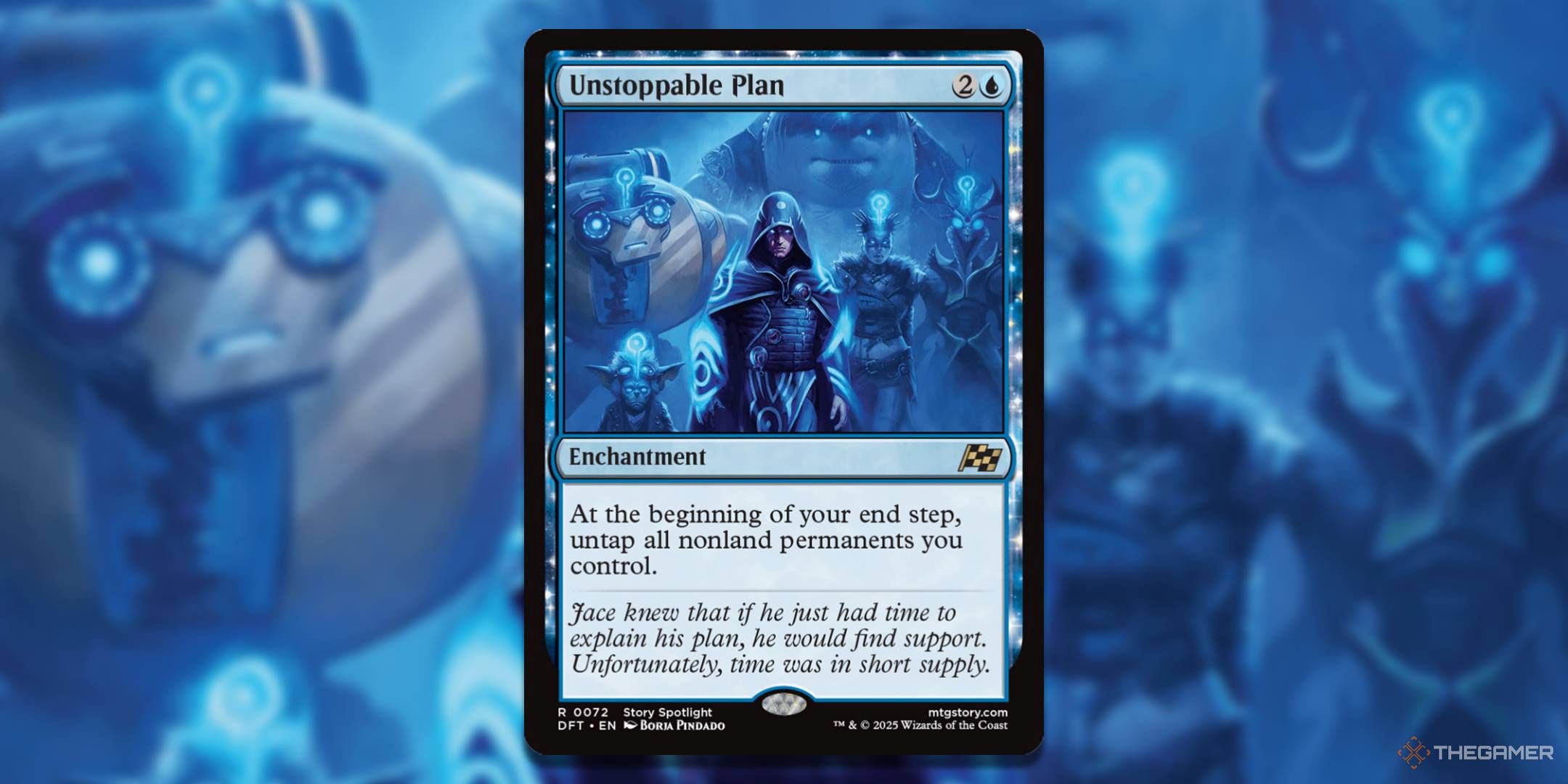 MTG Unstoppable Plan card with art in the background.