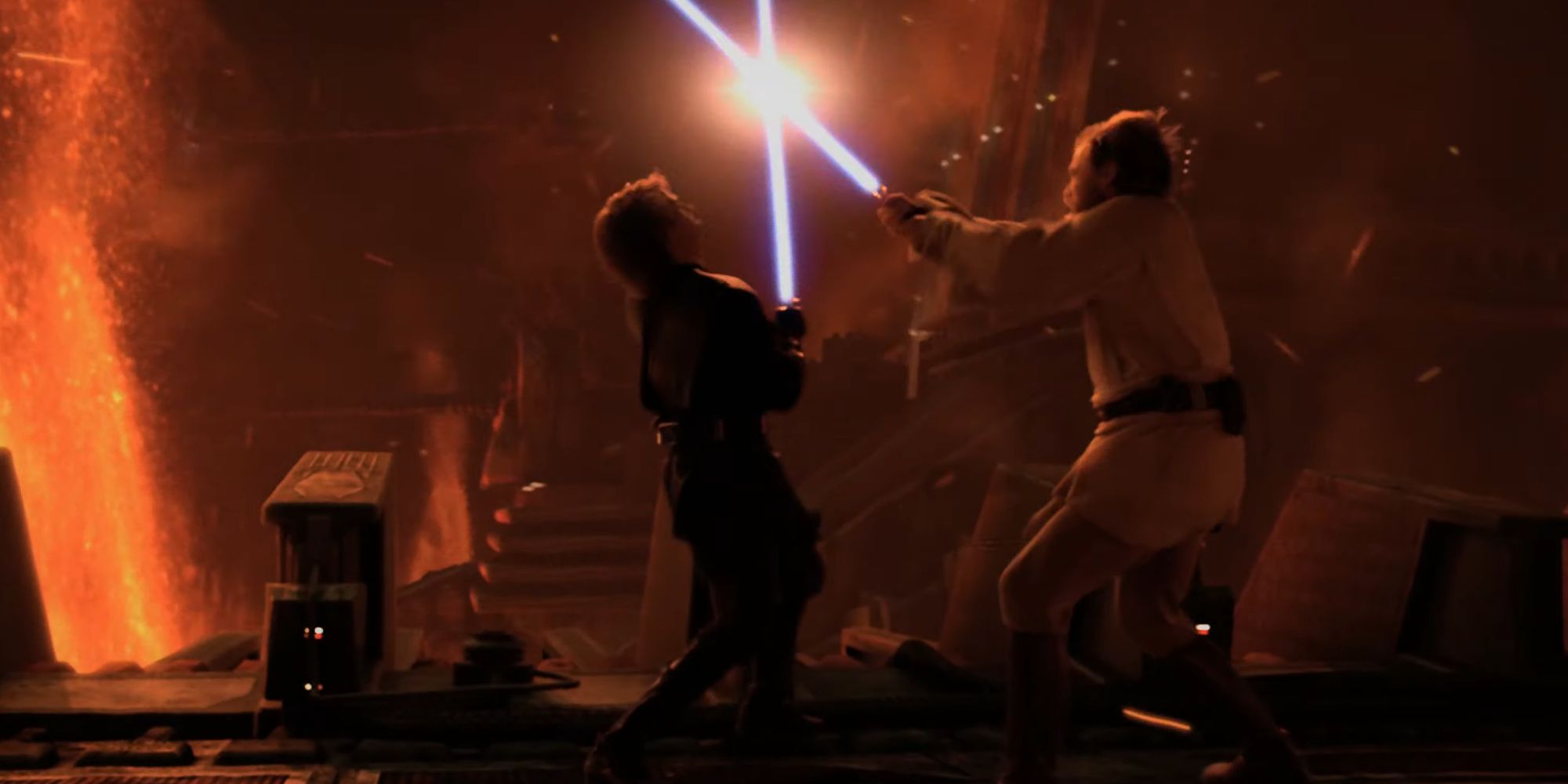 Anakin Skywalker and Obi-Wan Kenobi battling on Mustafar in Star Wars: Revenge Of The Sith