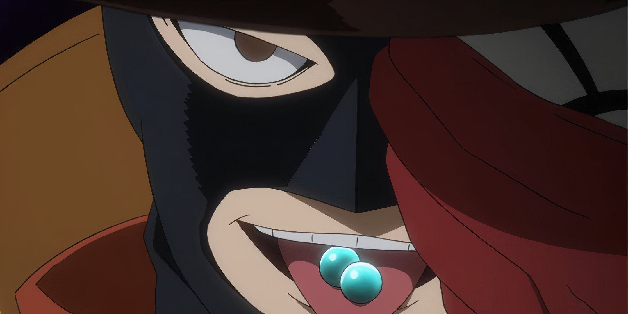 My Hero Academia's Compress smiling with his tongue out, holding two blue marbles inside his mouth.