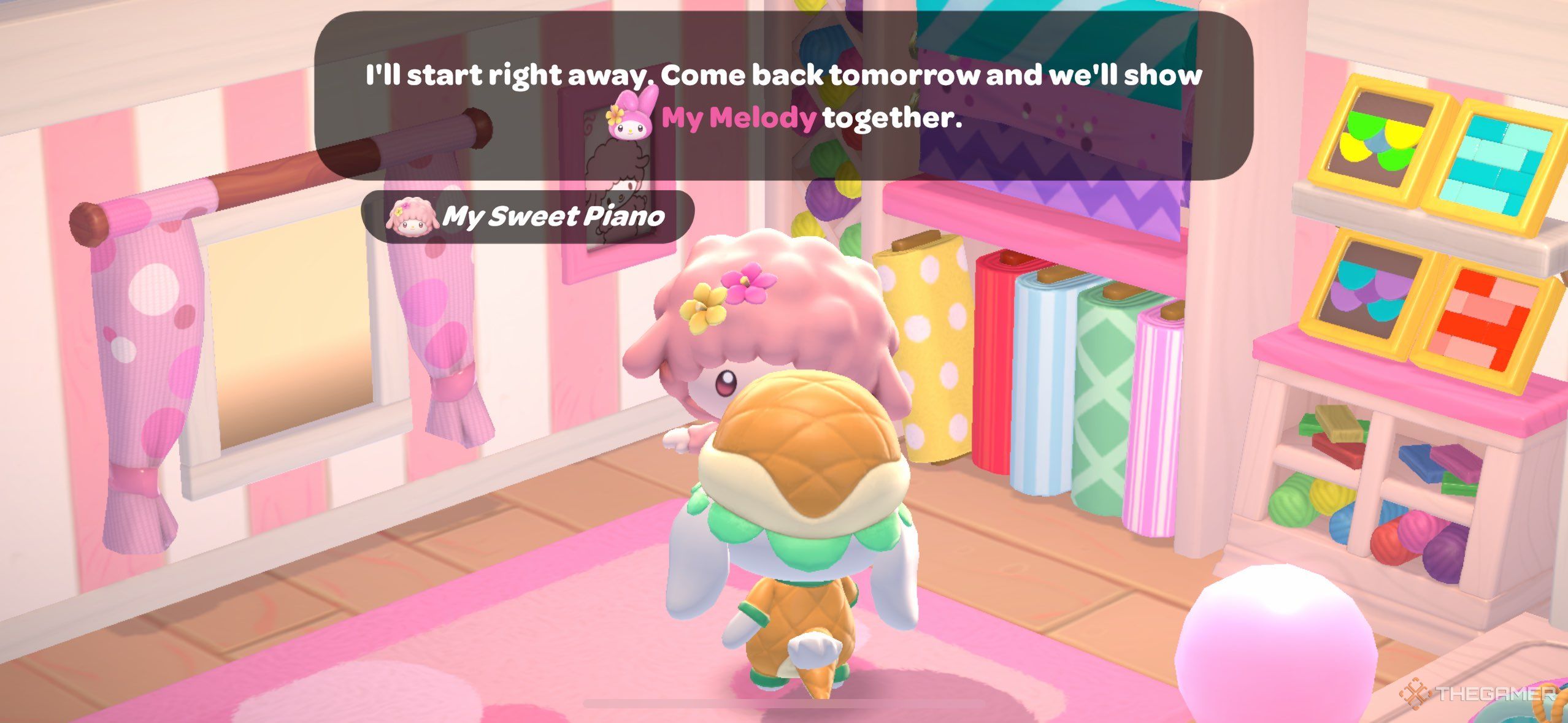 My Sweet Piano telling the player to wait a day in Hello Kitty Island Adventure.