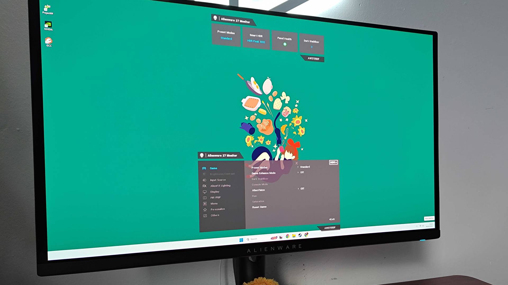 Alienware AW2725DF monitor with OSD menu active