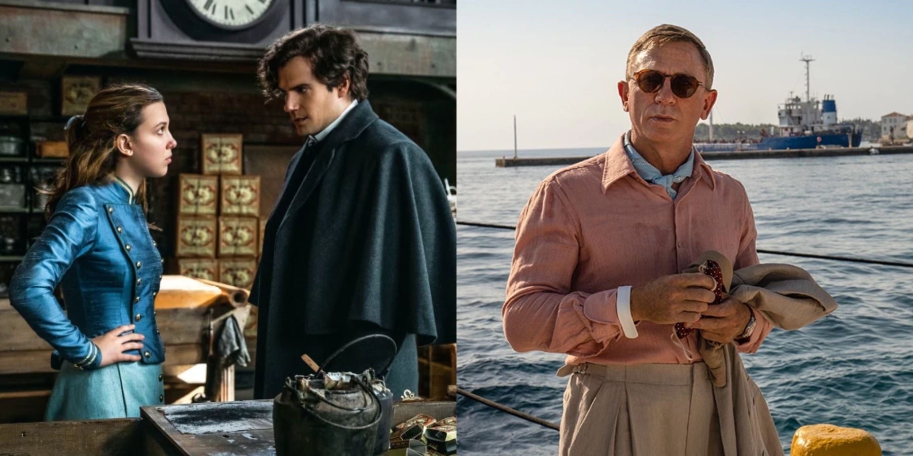 Split image of Millie Bobby Brown and Henry Cavill in Enola Holmes 2 and Daniel Craig in Knives Out: A Glass Onion Mystery