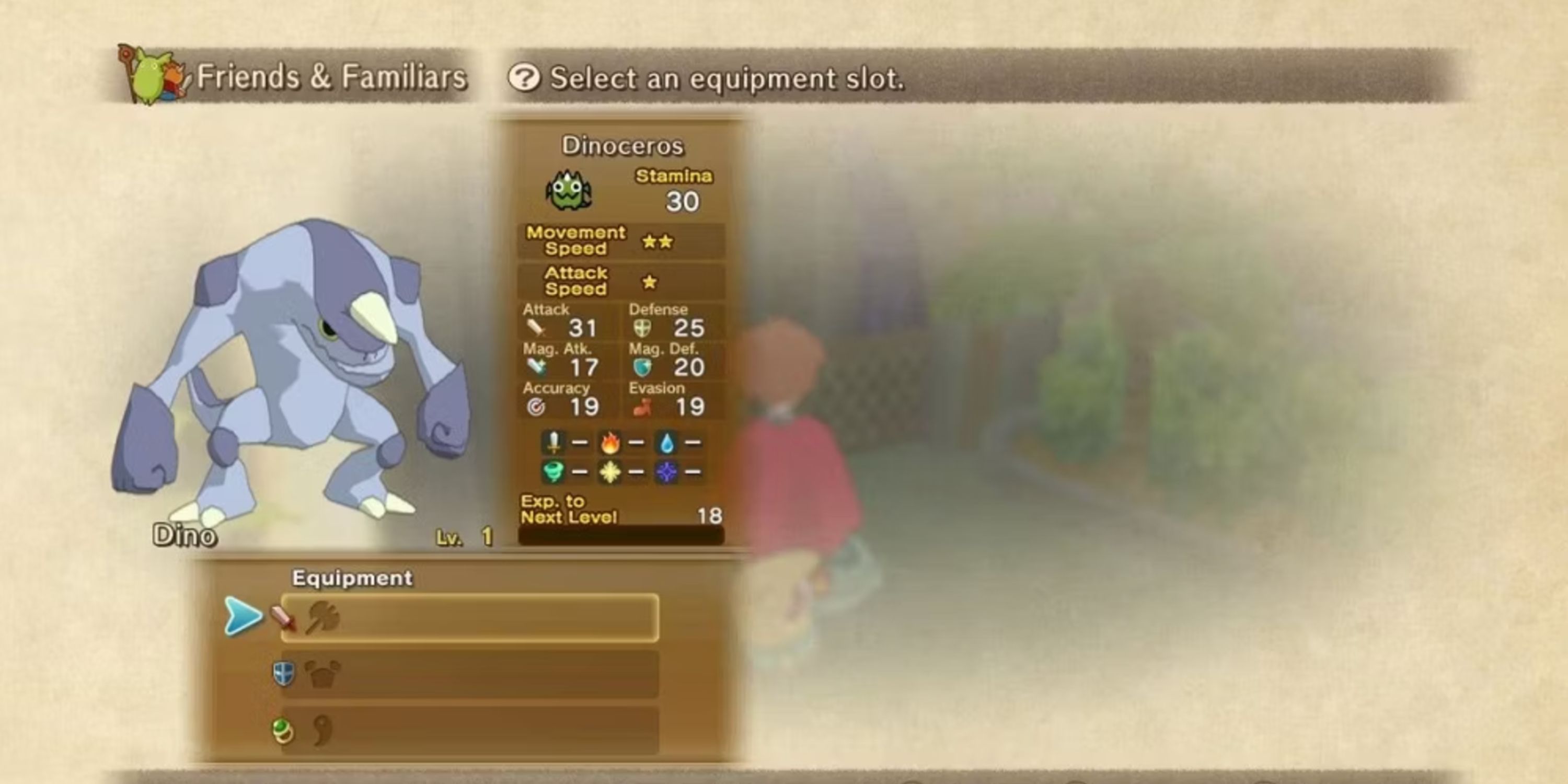 Ni No Kuni: Dinocerous in game menu screenshot.