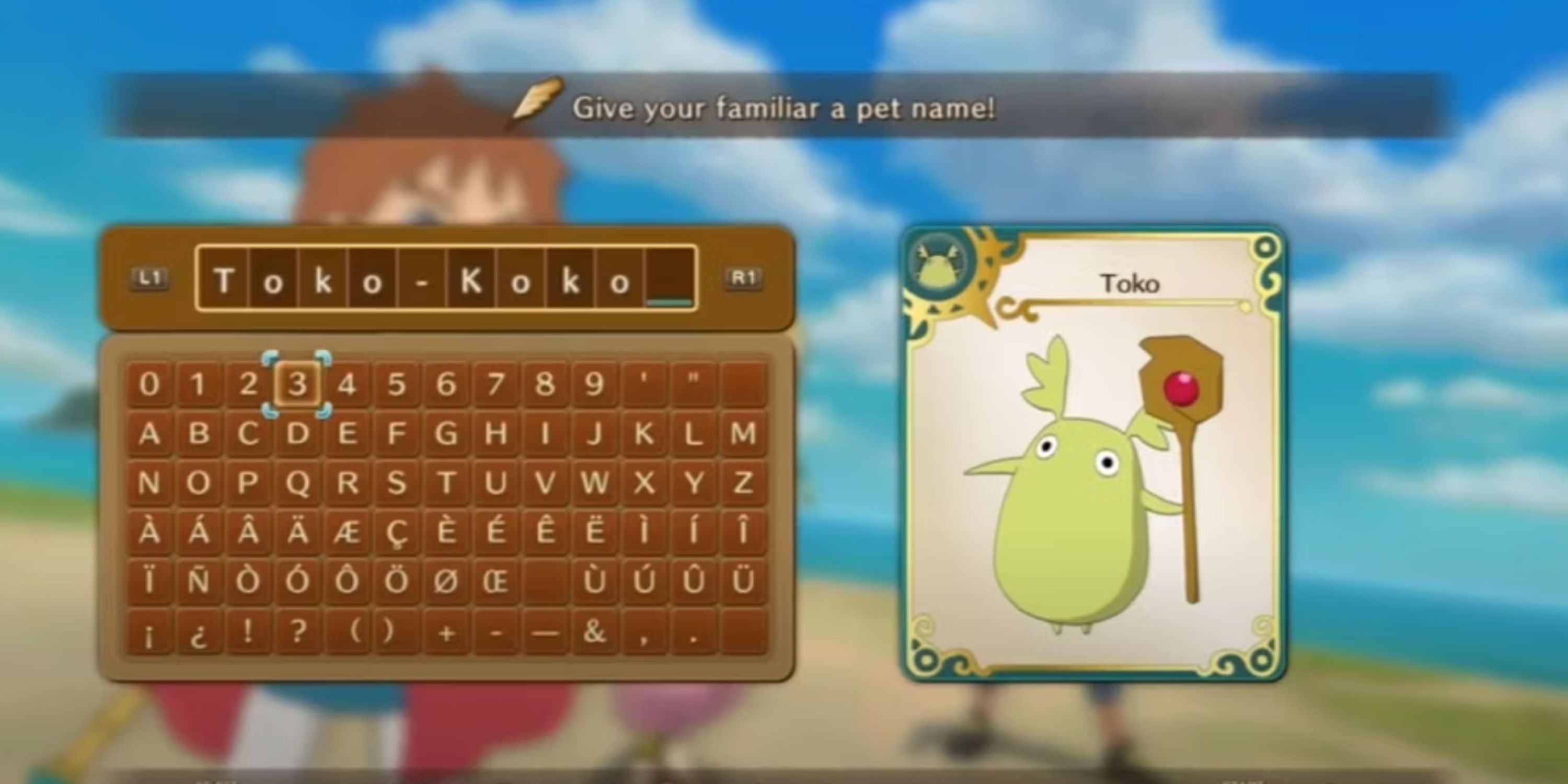 Ni No Kuni: in game screenshot of a player renaming their familar Toko.