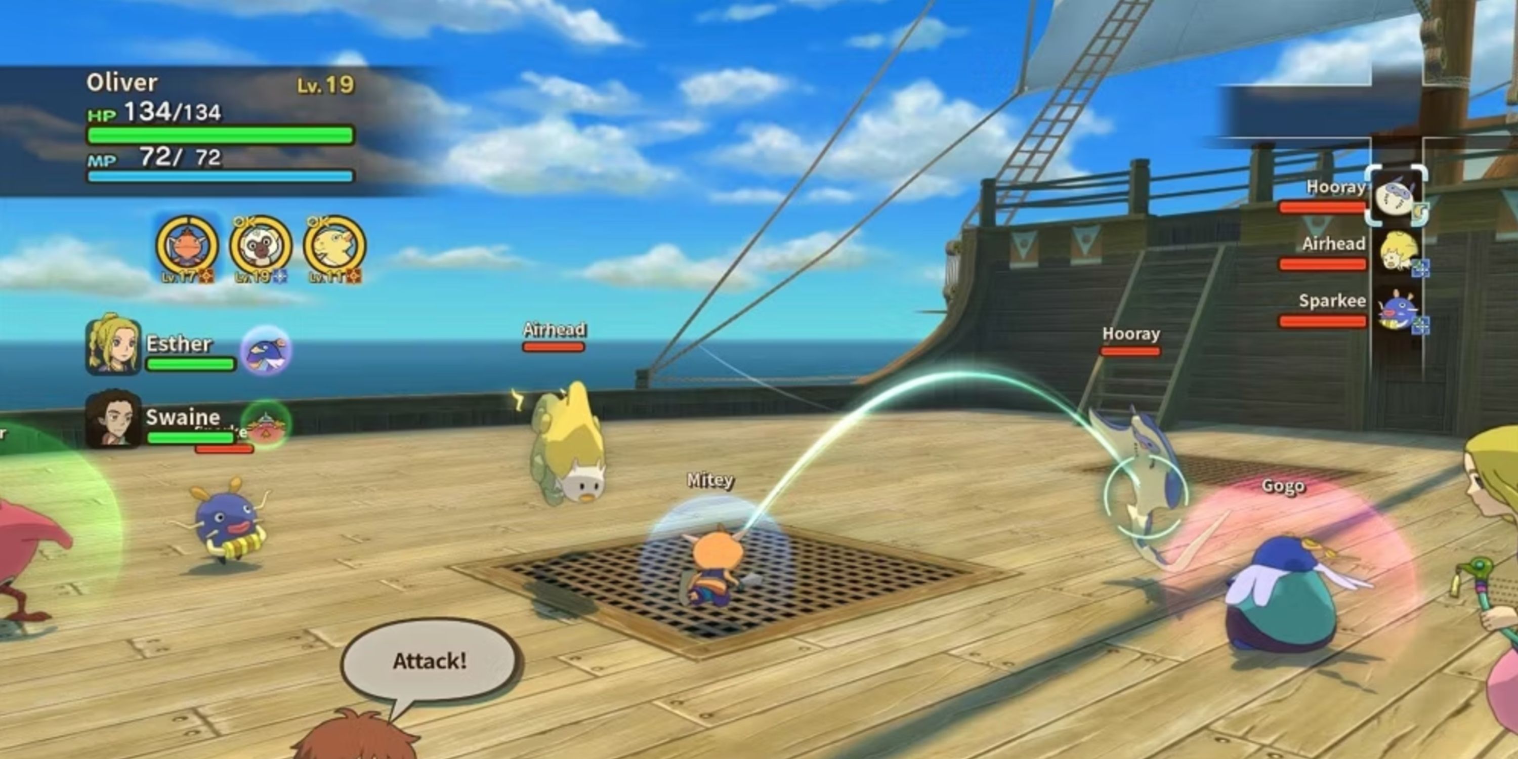 Ni No Kuni: player mid battle with enemies while on board a pirate ship.