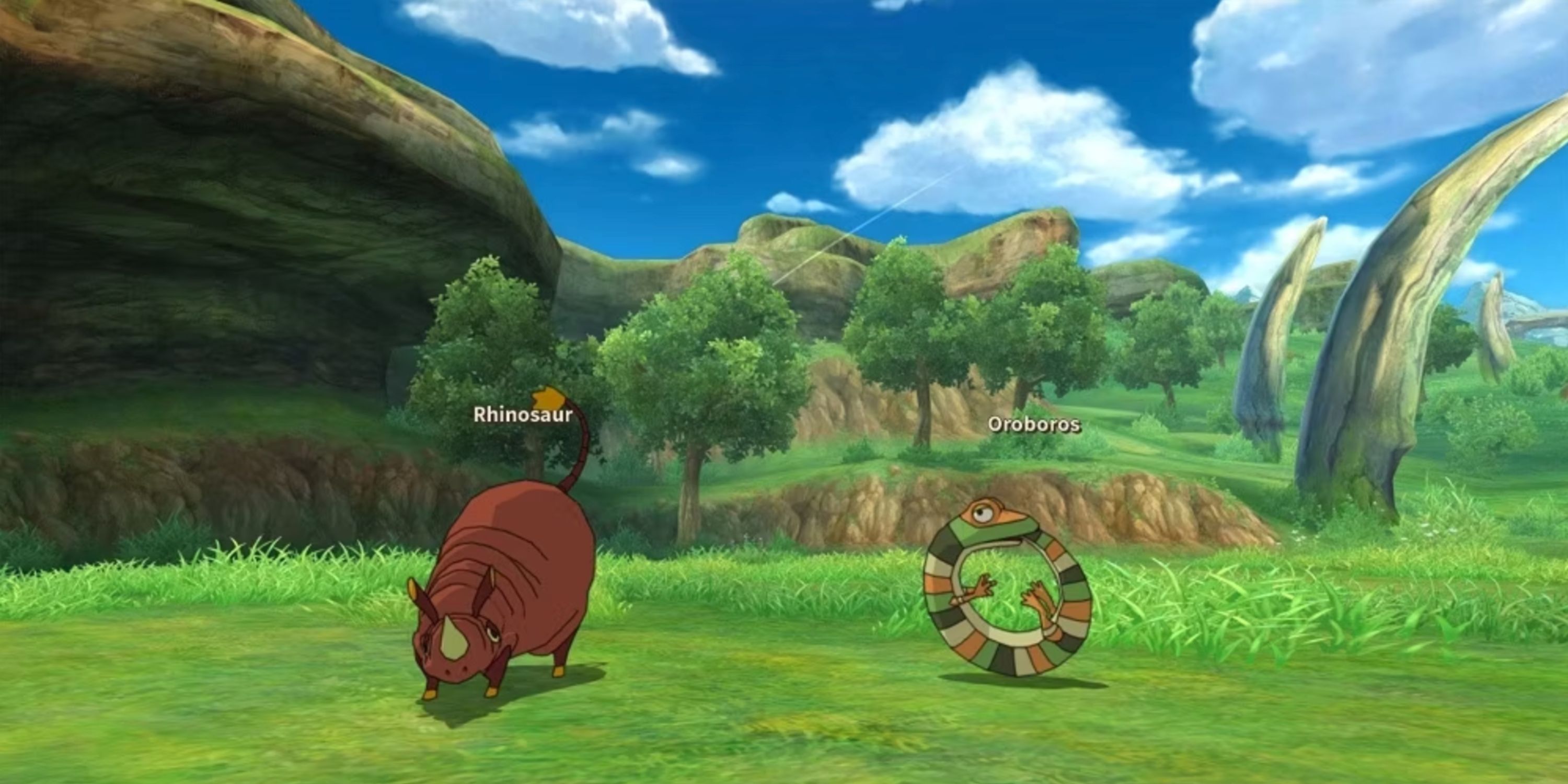 Ni No Kuni: Rhinosaur and Oroboros enemies mid battle in a grassy area.