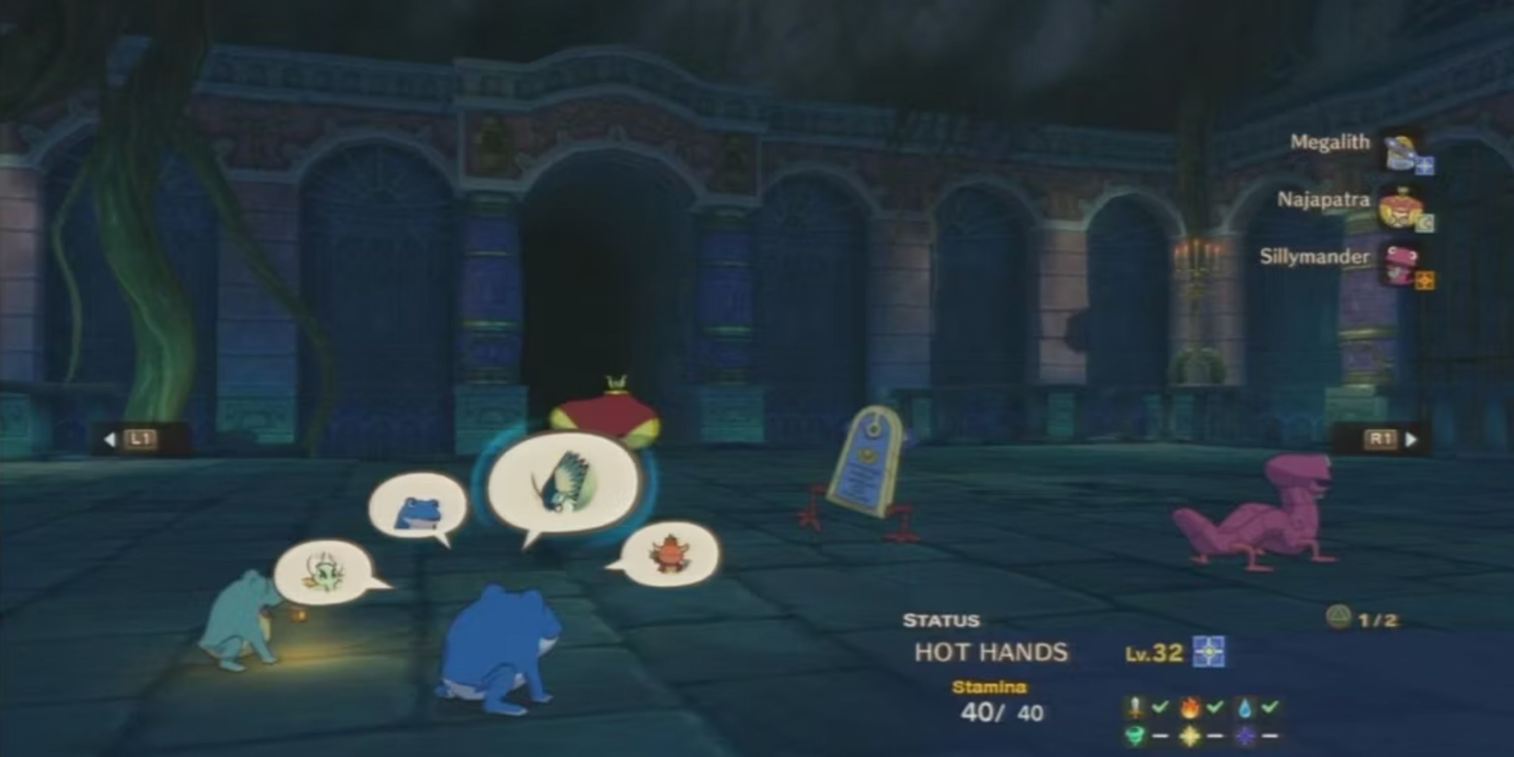 Ni No Kuni: Sillymander familiar battling enemies in a dark crypt area.