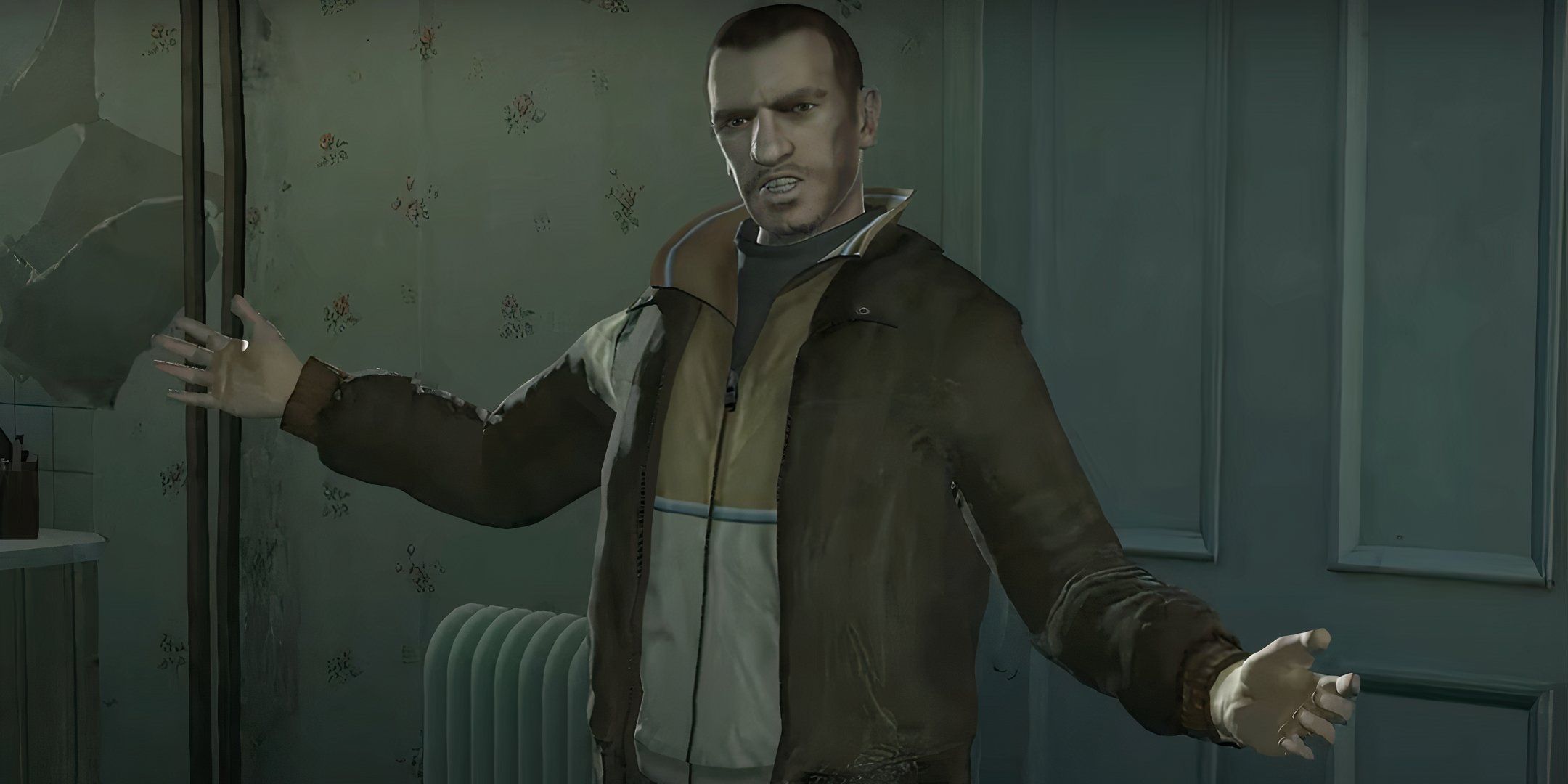 Screenshot of Niko Bellic in Grand Theft Auto IV acting shocked.