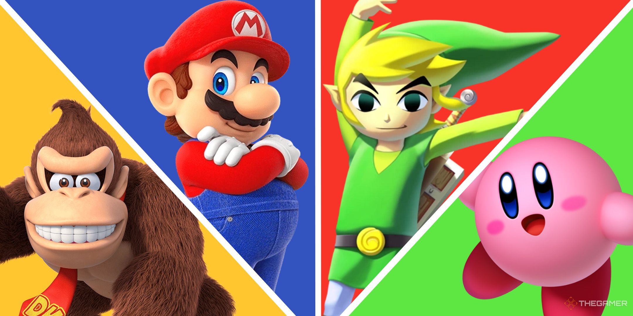 A split image of Nintendo IPs. From left to right: Donkey Kong, Mario, Toon Link, and Kirby.