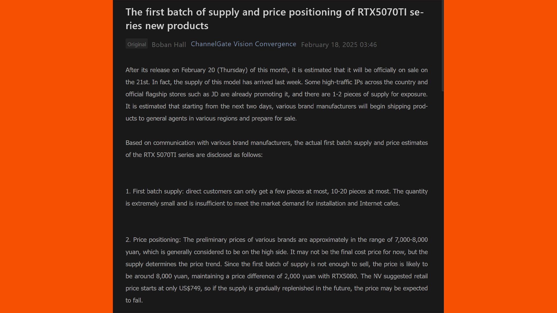 nvidia geforce rtx 5070 ti stock level low channel gate